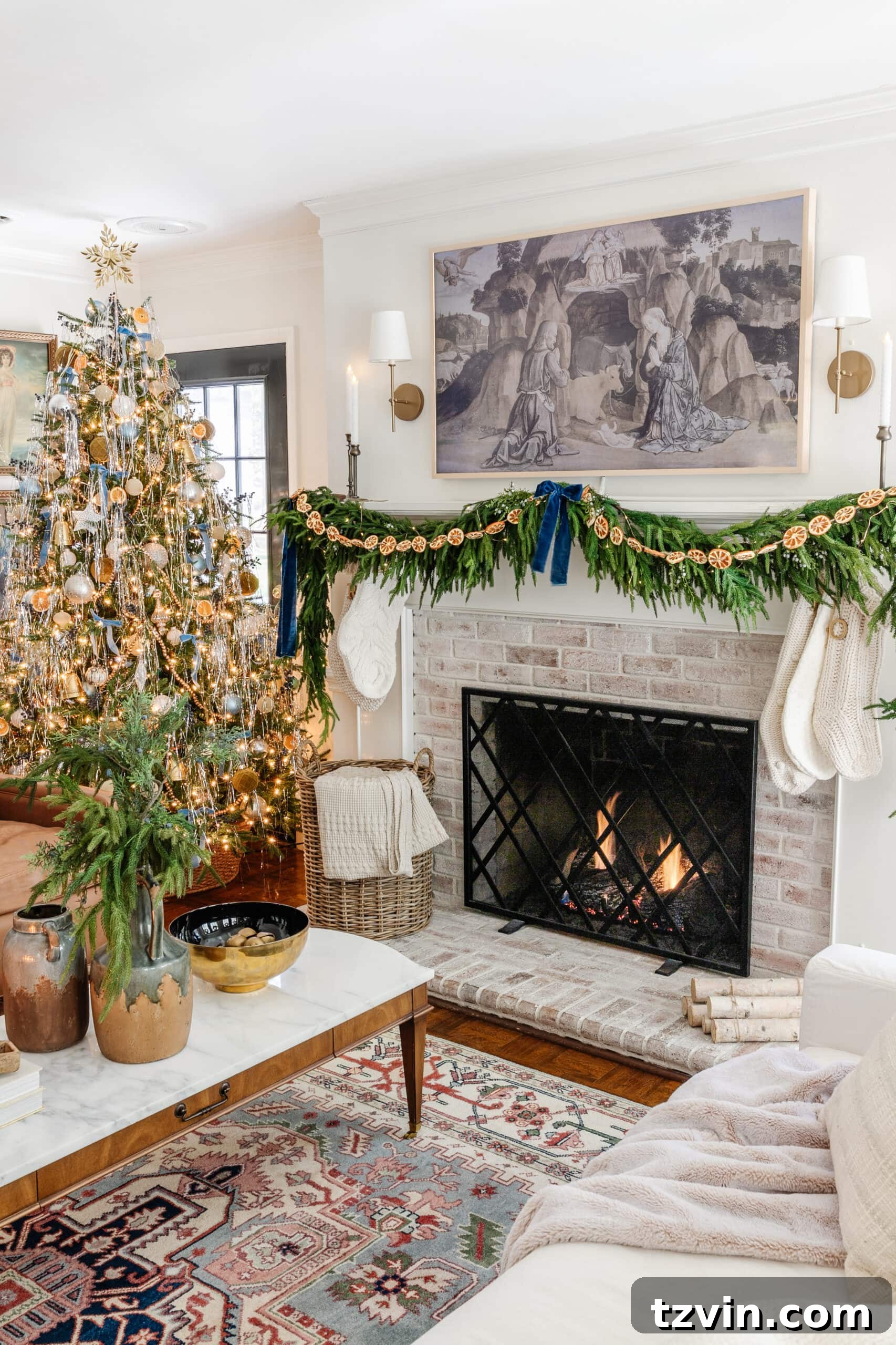 Snuggle-Worthy: 13 Christmas Living Room Decor Inspirations 16 Christmas fireplace decor with limewashed brick and tinsel Christmas tree in living room