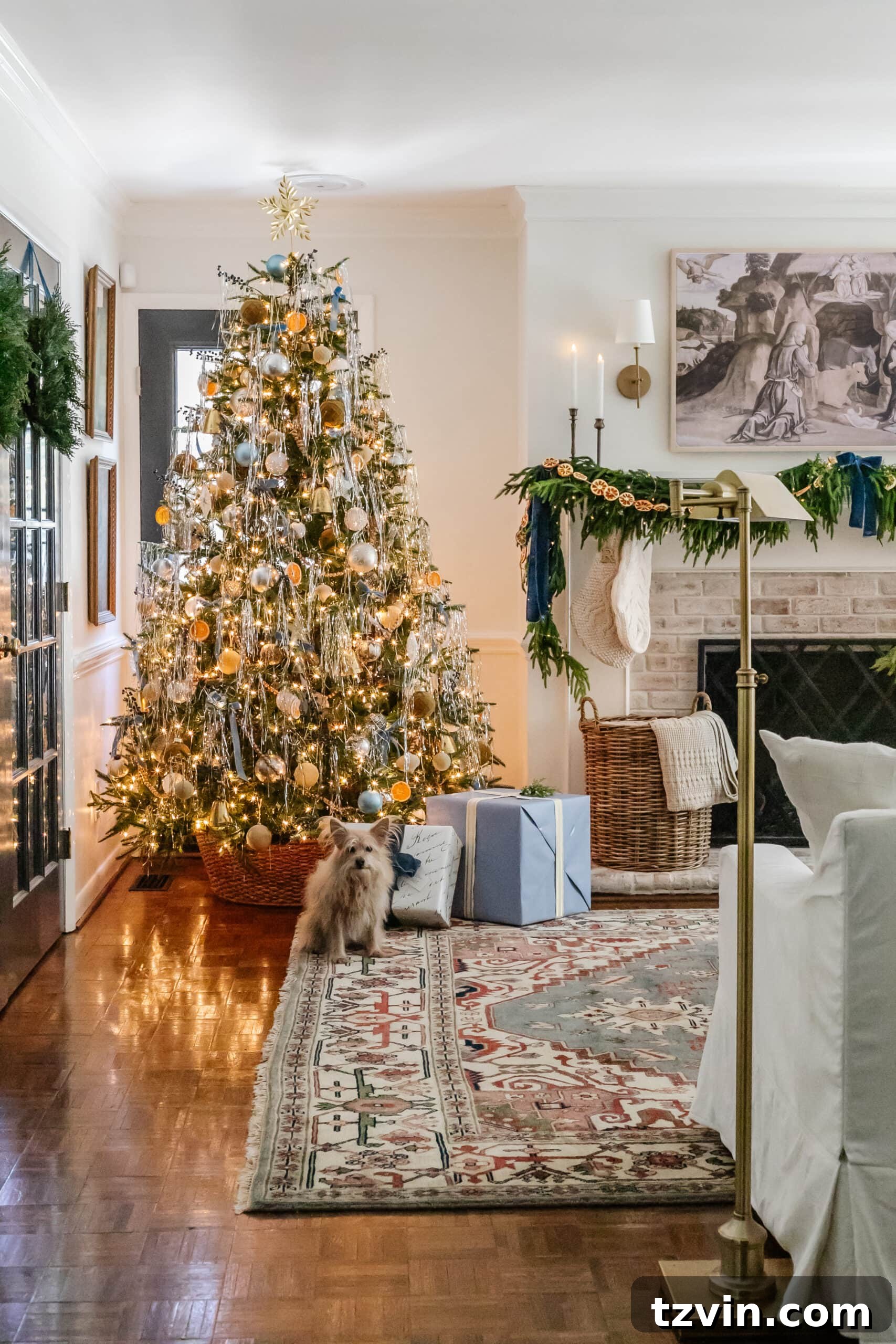 Snuggle-Worthy: 13 Christmas Living Room Decor Inspirations 18 Christmas tree with tinsel in a living room and dog sitting