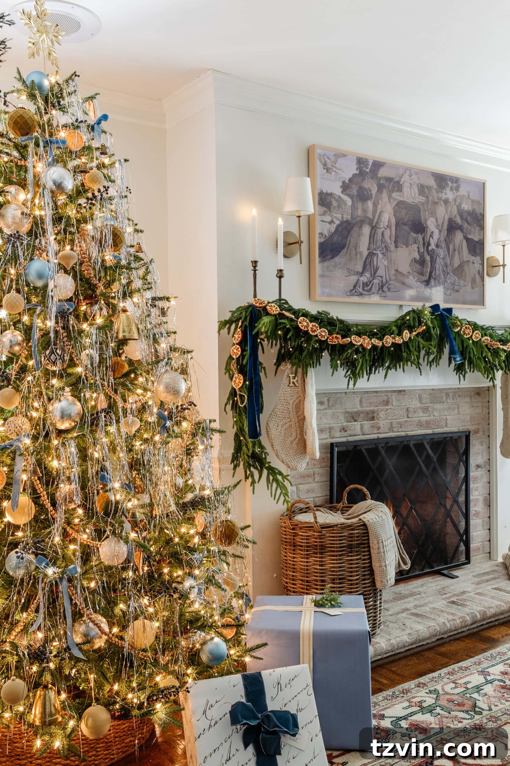 Snuggle-Worthy: 13 Christmas Living Room Decor Inspirations 4 tinsel Christmas tree, limewashed brick fireplace, and mantel decorated with garland