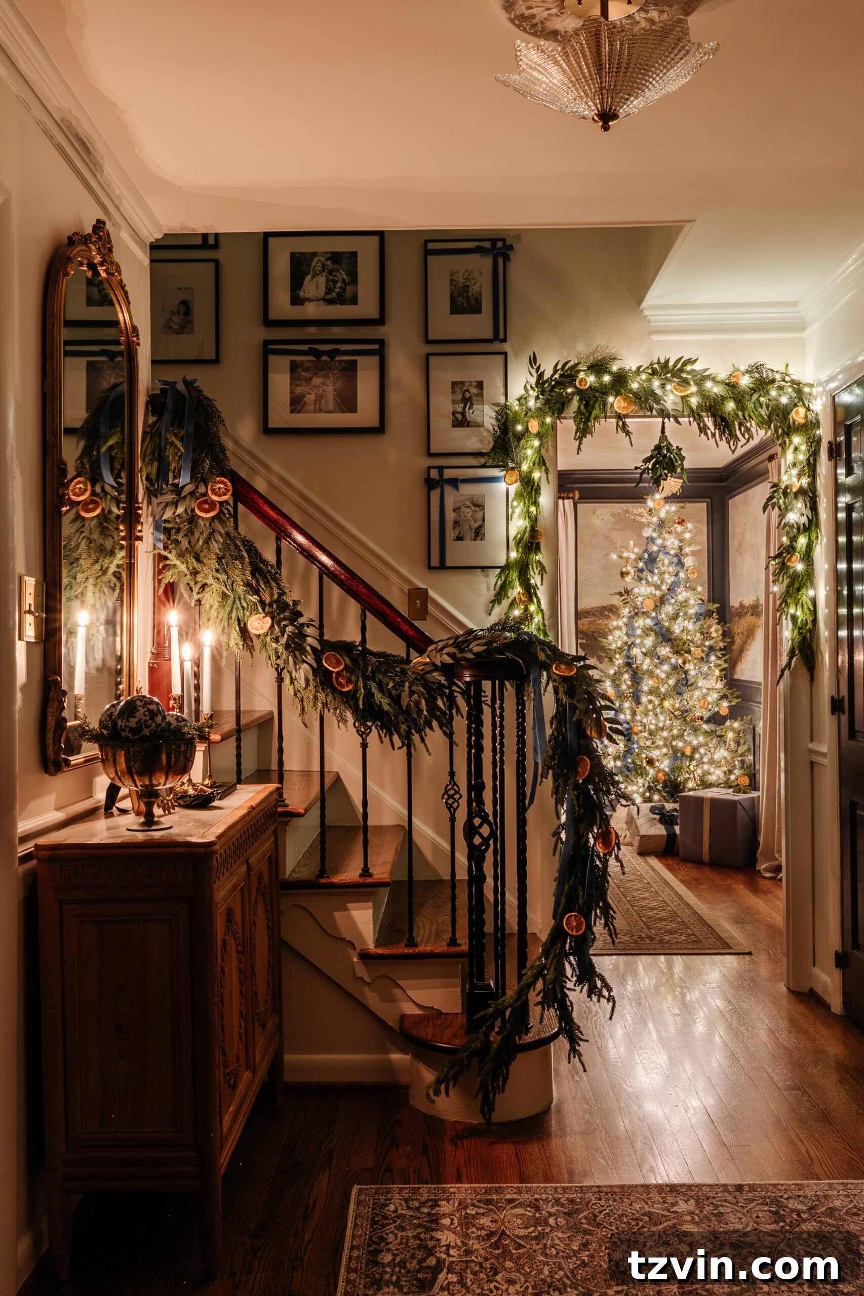 A beautifully decorated Christmas tree with glowing lights at night, creating a warm and inviting holiday atmosphere.