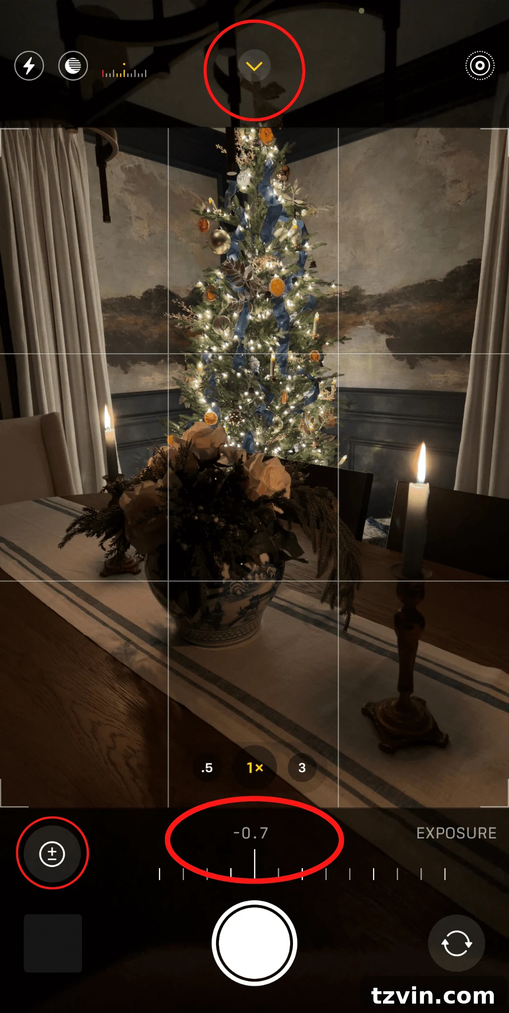 An iPhone screen showing a festive scene with AE/AF Lock activated, ensuring consistent focus and exposure.