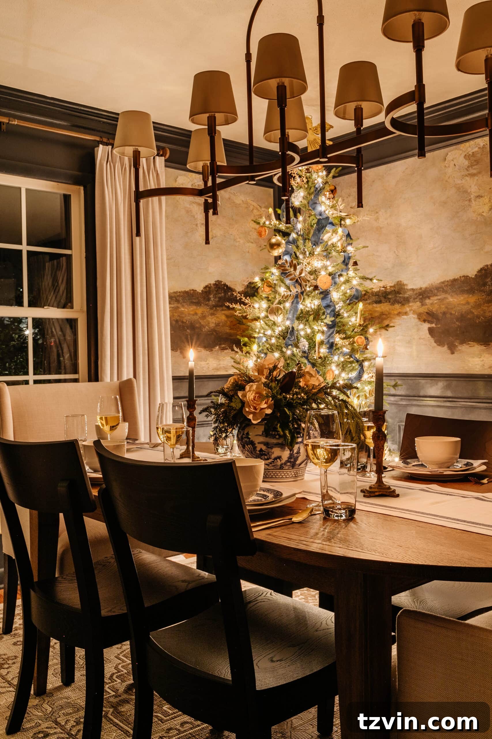 A festive Christmas tree and fireplace mantel in a dimly lit room, professionally captured with a DSLR camera.
