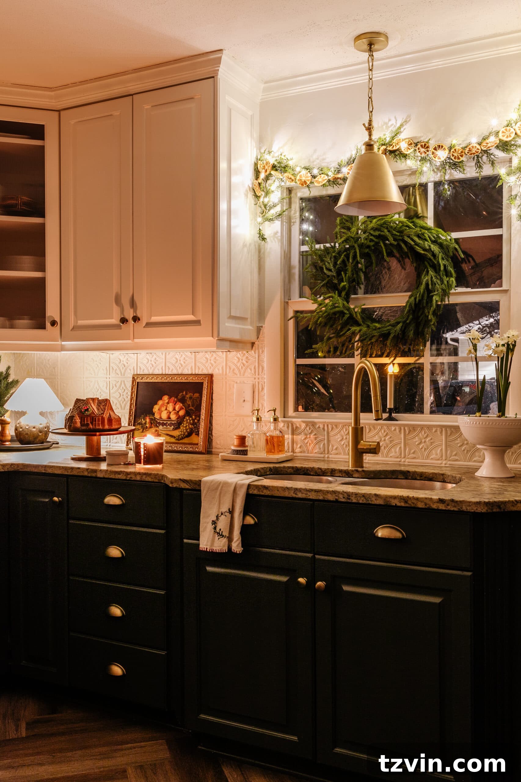 A close-up of a festive Christmas vignette with glowing lights and candles, perfectly captured to convey warmth.