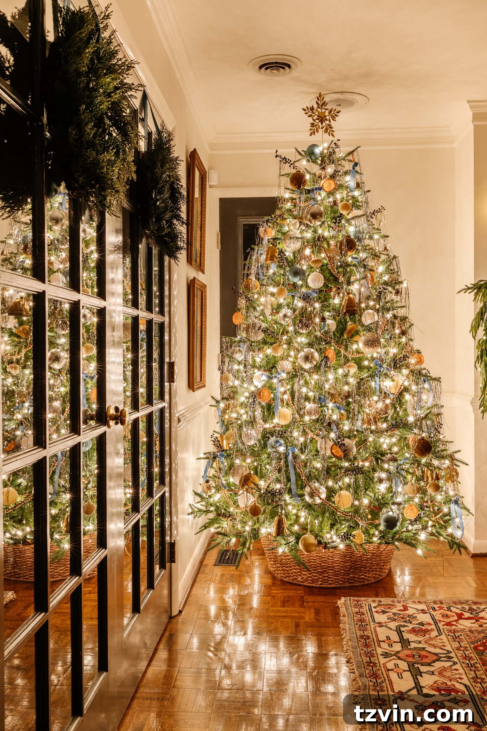 A cozy holiday scene featuring a lit Christmas tree and decorative elements, captured with a soft focus.