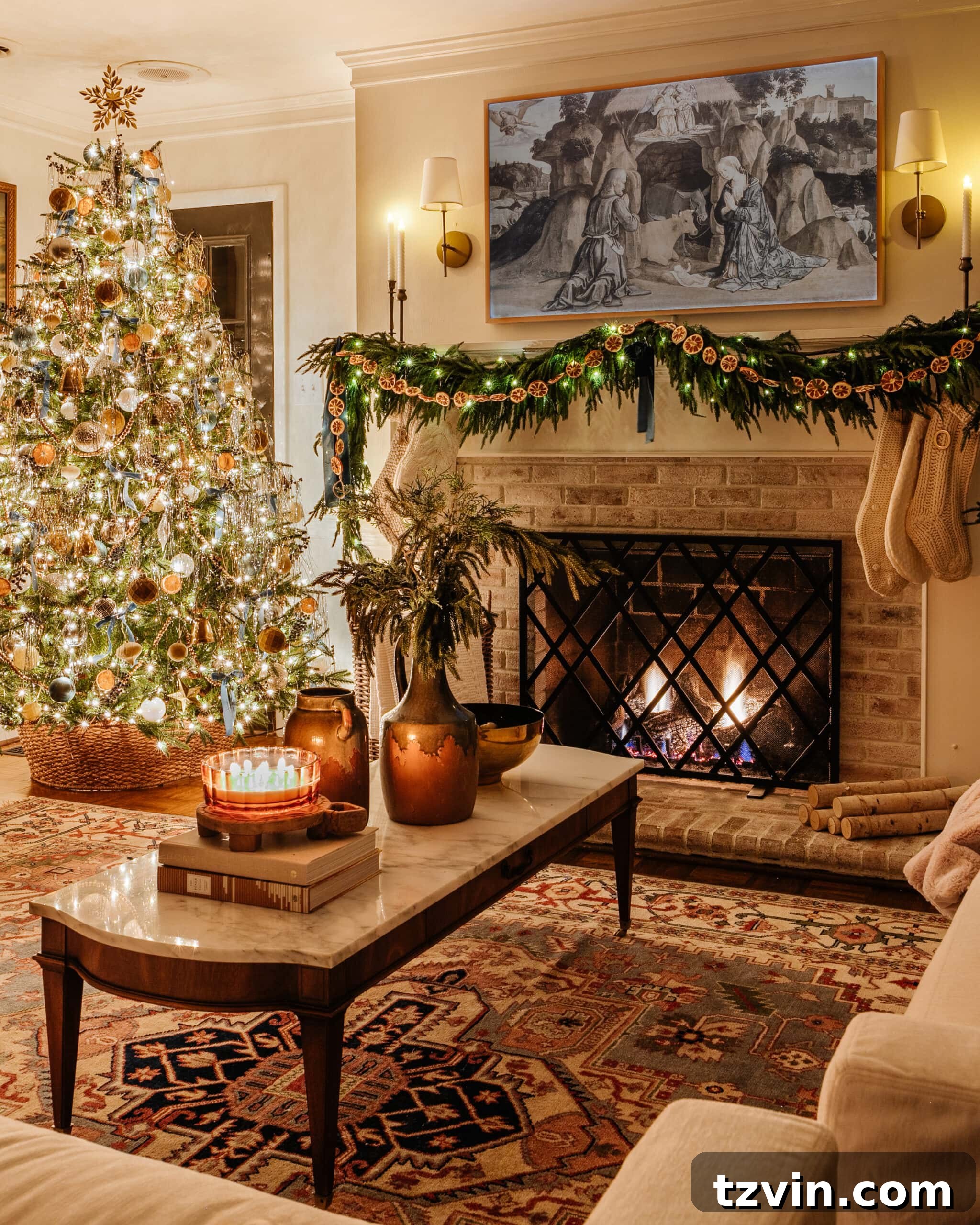 An ornate mantelpiece decorated for Christmas with garland, candles, and stockings, bathed in warm ambient light.