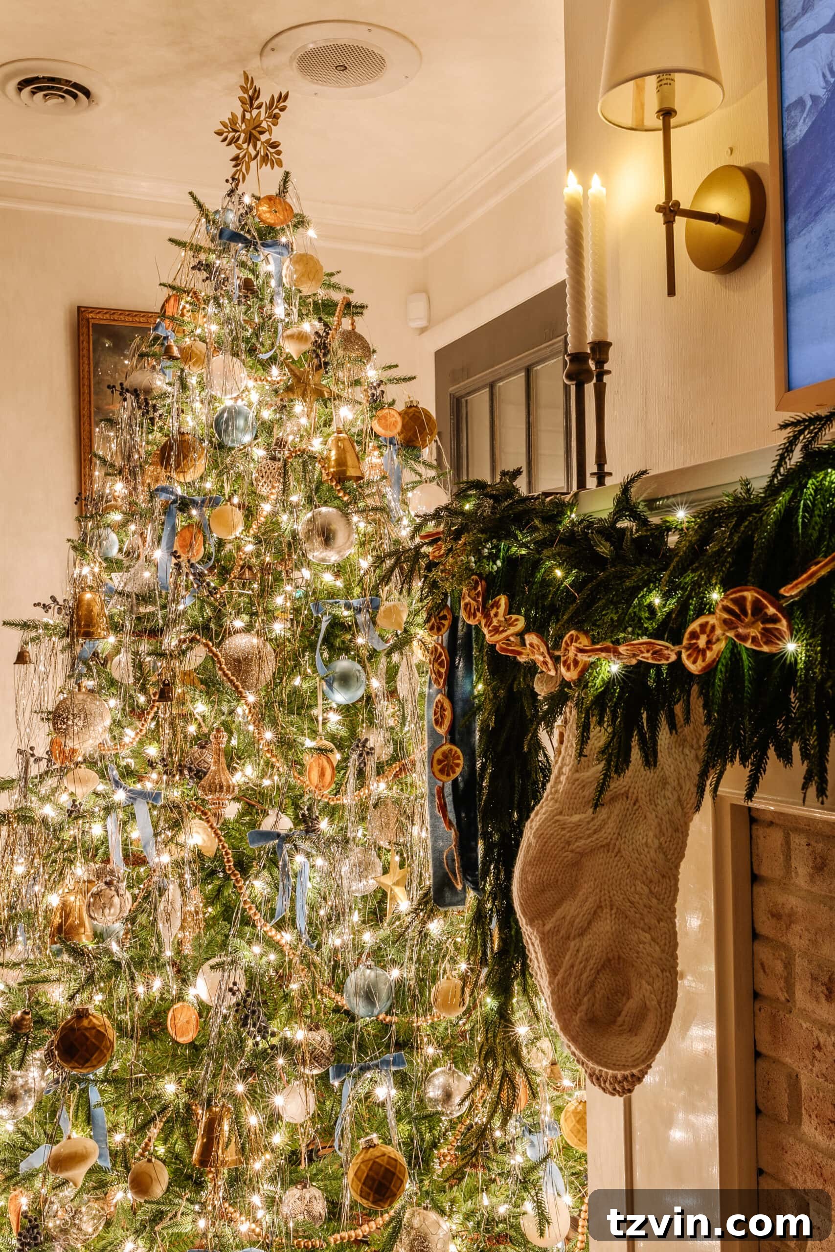 A beautifully decorated Christmas tree, glowing warmly in a dim room, reflecting the festive spirit.