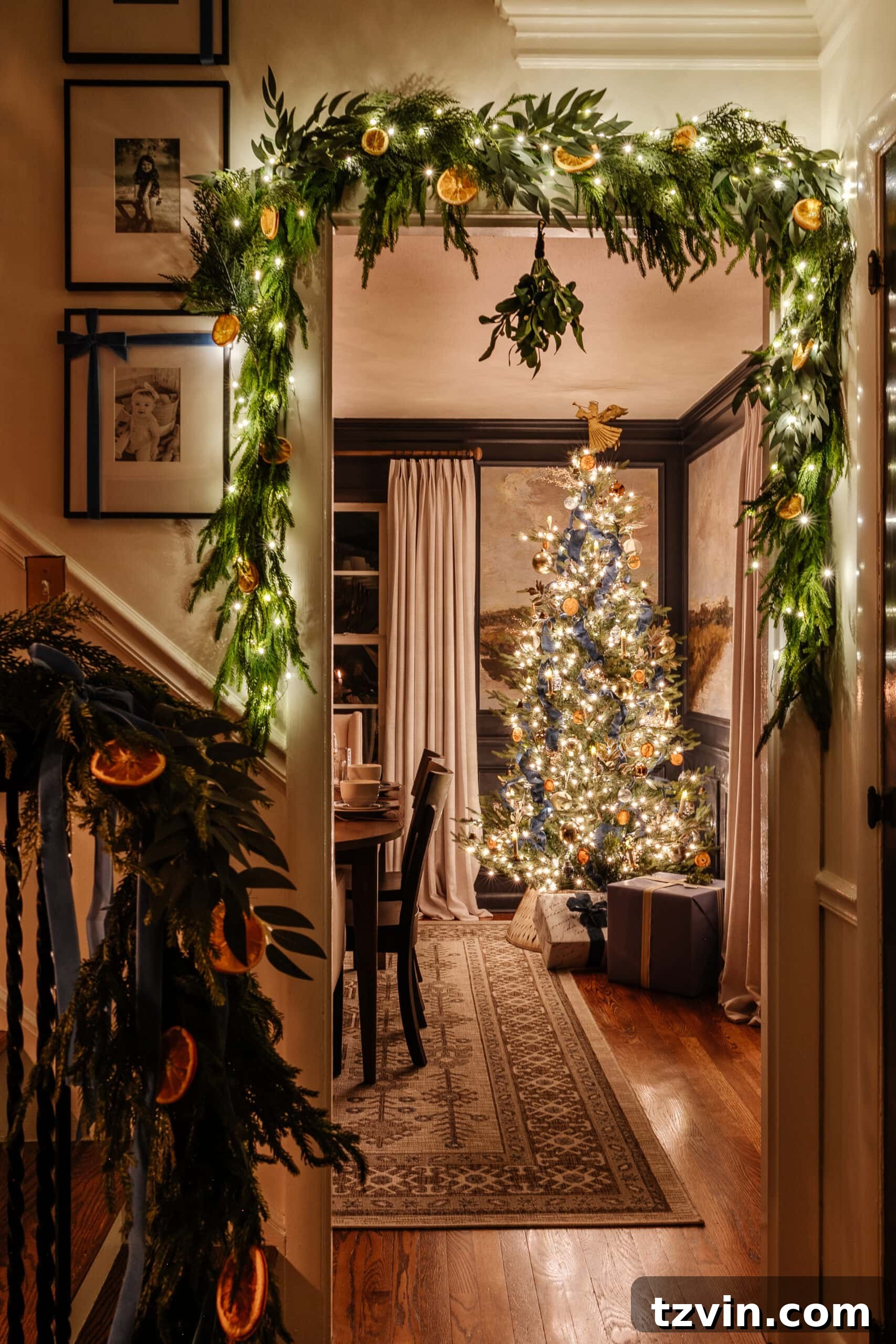 A festive Christmas tree stands in a cozy living room at night, with a unique low-angle shot demonstrating creative positioning.