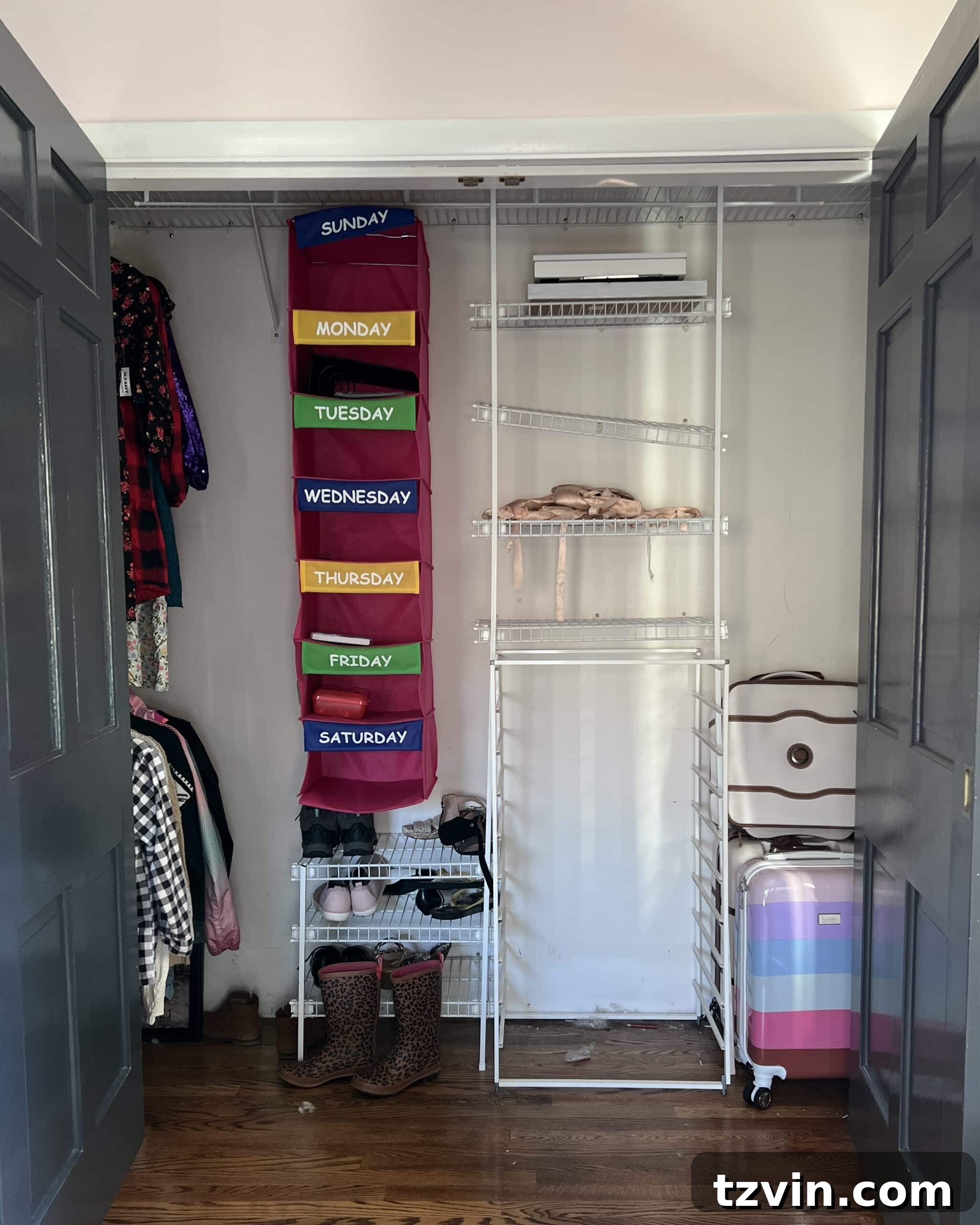 Petite Wardrobe Perfection: 10 Organizing Hacks for Girls 2 messy girls closet before organization, showing cluttered clothes and failing storage