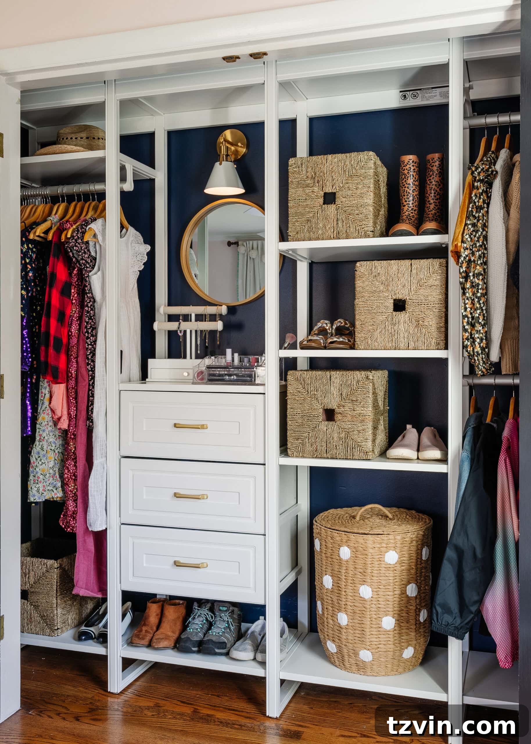 Petite Wardrobe Perfection: 10 Organizing Hacks for Girls 14 small closet idea for girls with vanity area and clothing storage, fully optimized