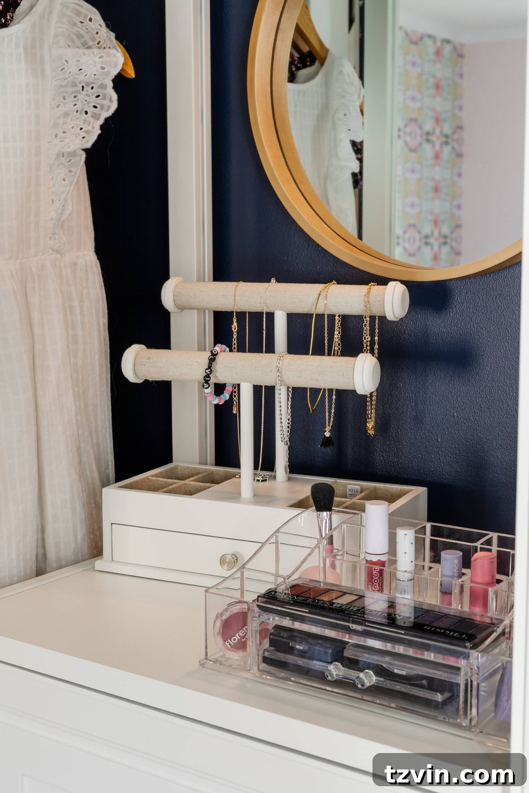 Petite Wardrobe Perfection: 10 Organizing Hacks for Girls 7 makeup organizer and jewelry storage in a girls closet vanity area
