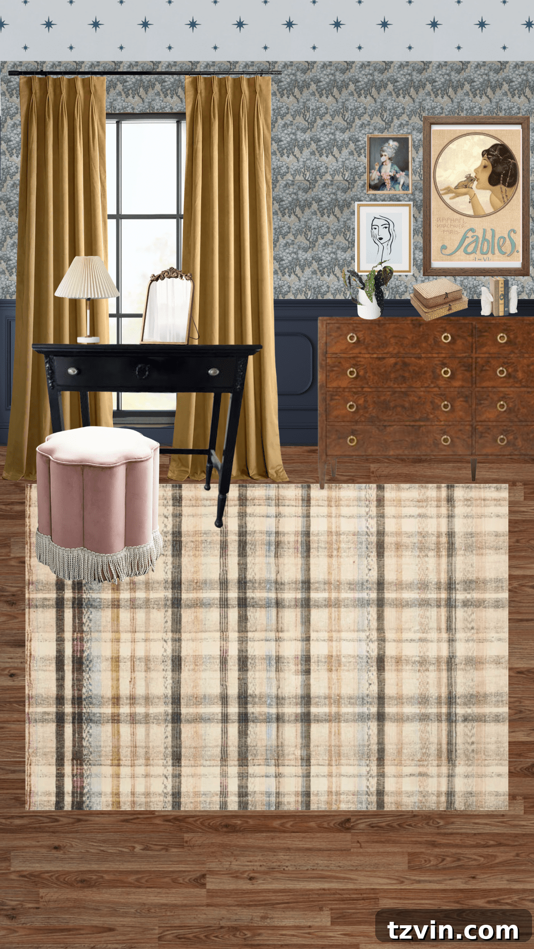 Our Cottage "Teen" Bedroom: Plans & Curtain Color Combinations 6 Preteen girl bedroom design with retro gold curtains