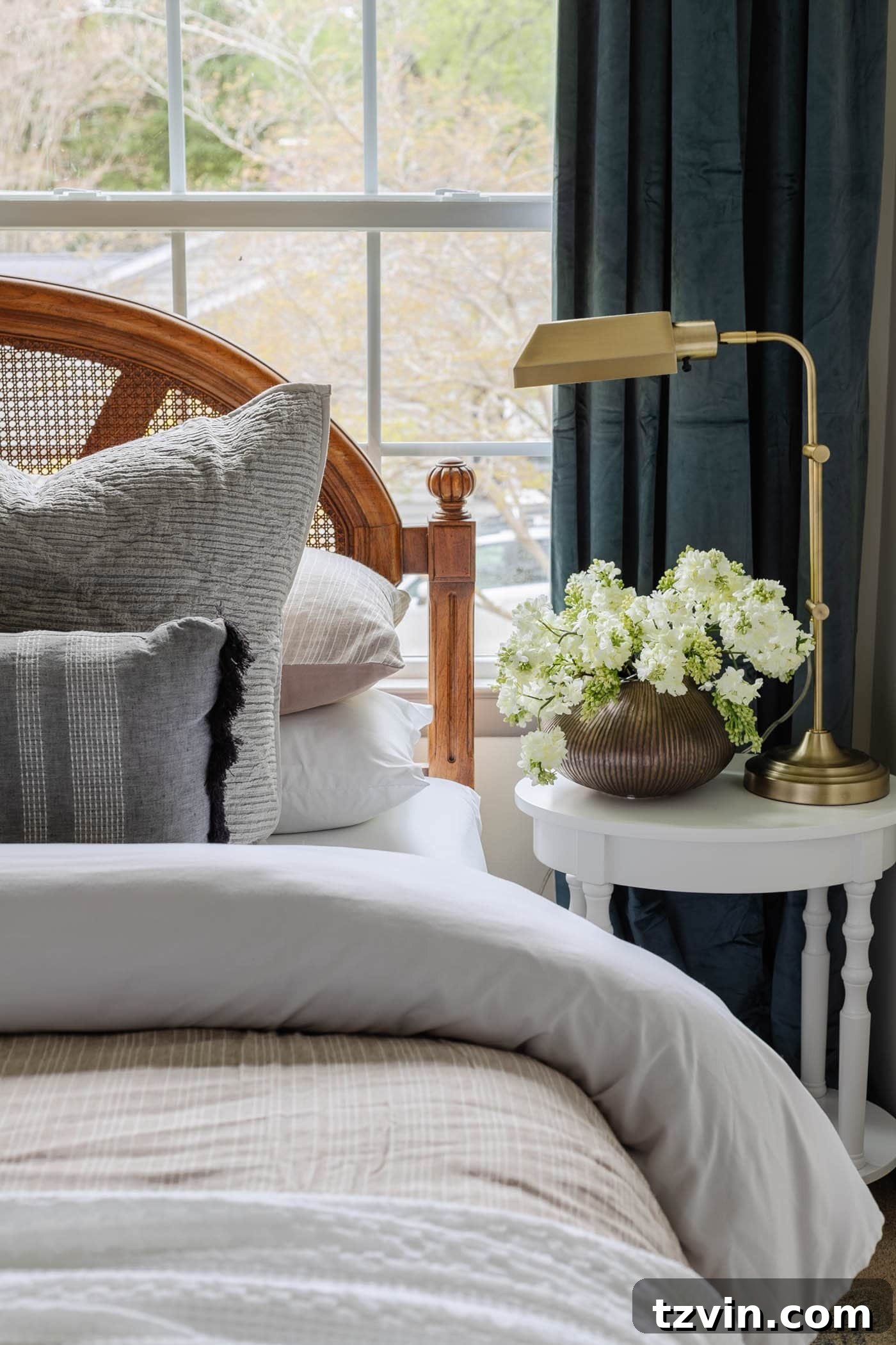 bed with white nightstand and vase of white flowers