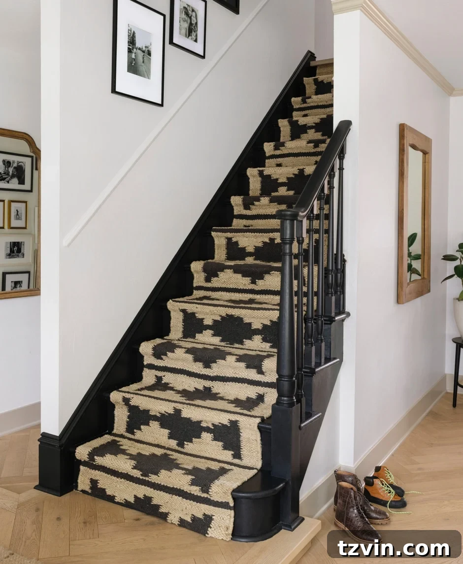 Black Stair Railing Ideas for a Dramatic Entry 11 painted black stairs with geometric jute rug