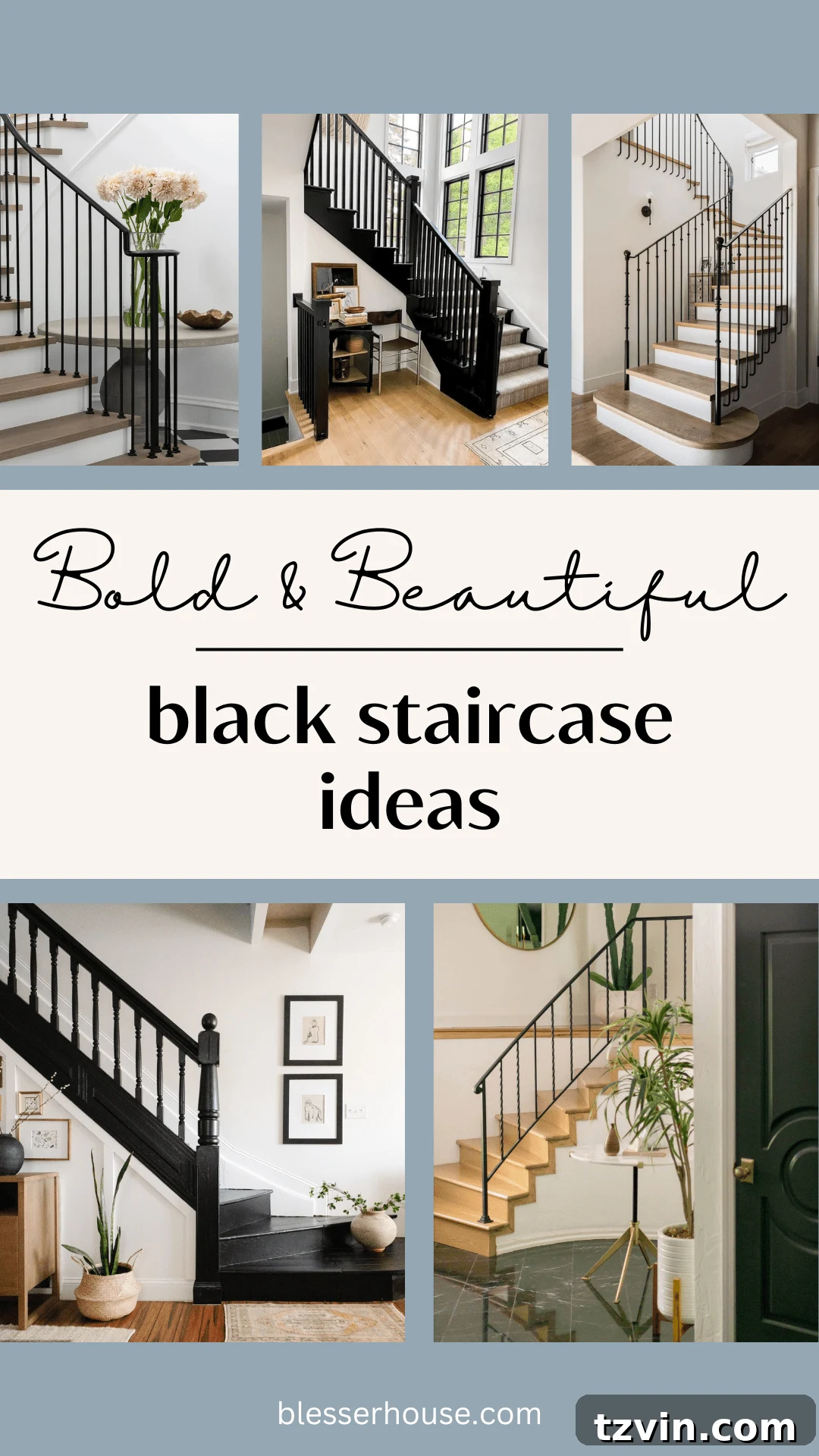 Black Stair Railing Ideas for a Dramatic Entry 3 Black stair railing designs, DIY painted black stair projects, and runner rug ideas for a bold, elegant entry.