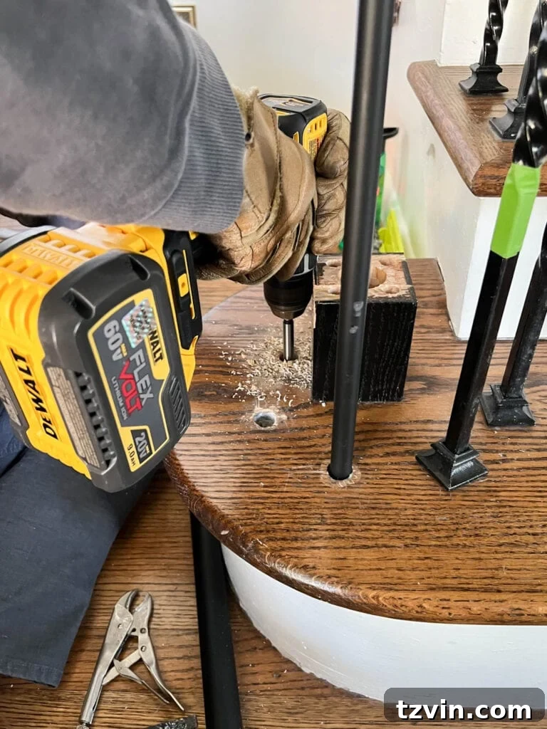 Revamp Your Stairs: DIY Spindle Replacement 12 drilling new baluster holes on stair treads with a forstner bit