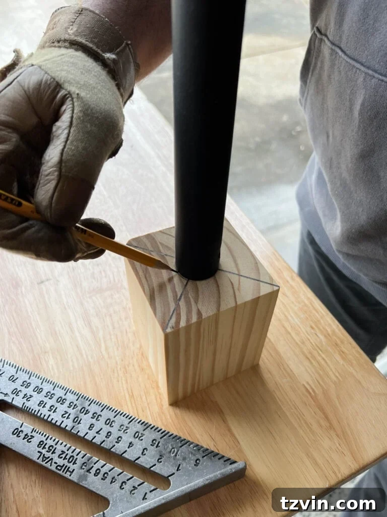 Revamp Your Stairs: DIY Spindle Replacement 19 marking a new newel post mount from a wood block