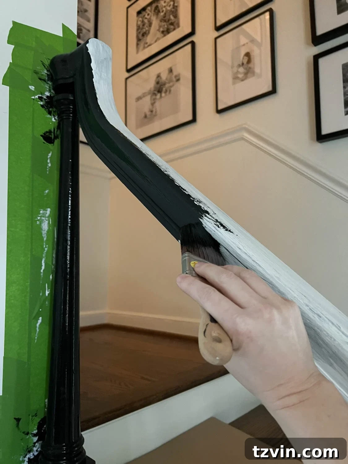 Revamp Your Stairs: DIY Spindle Replacement 25 painting stair railing with black waterborne alkyd paint for super durability