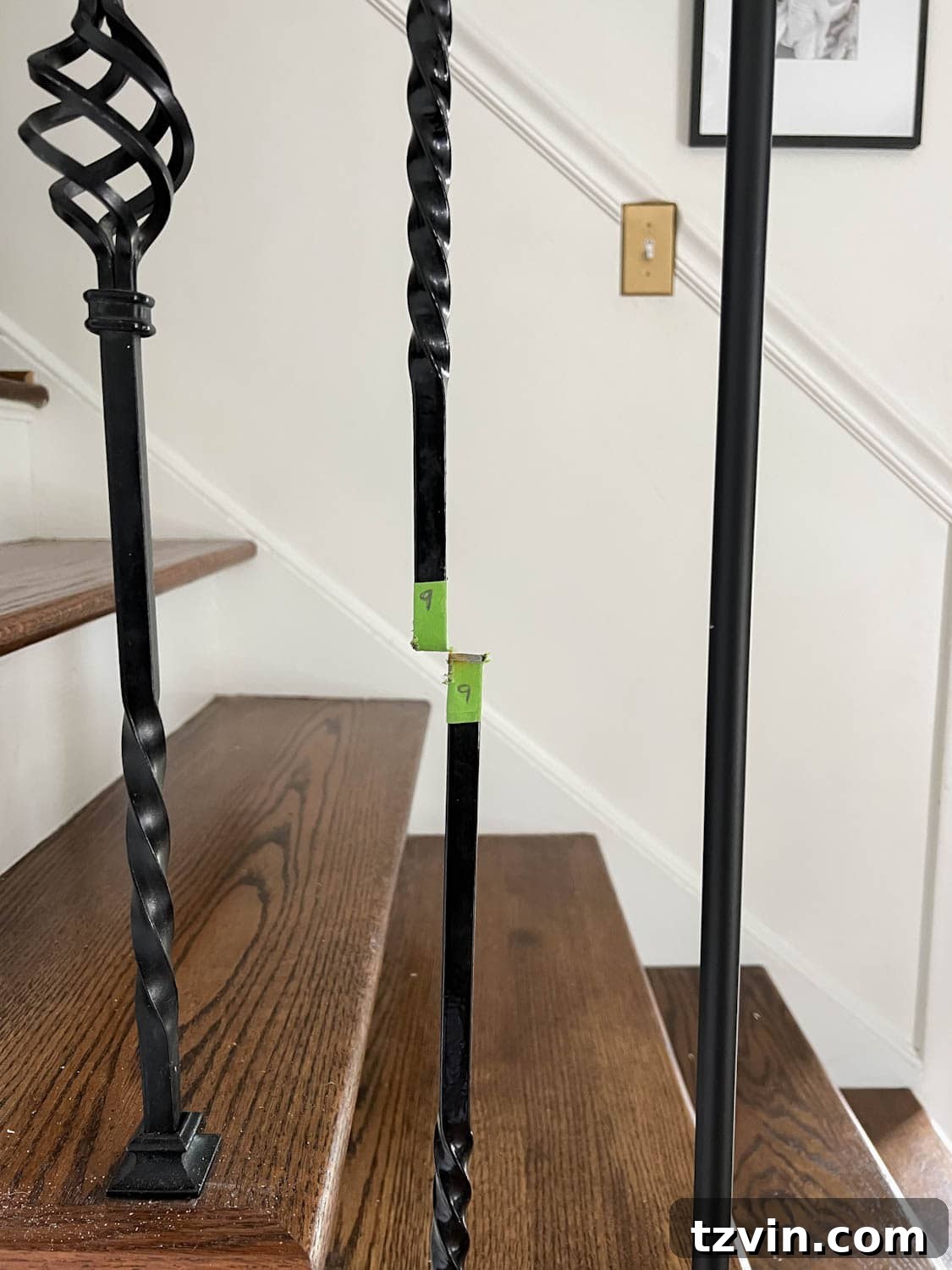 Revamp Your Stairs: DIY Spindle Replacement 9 painters tape used to cut old stair balusters before removal