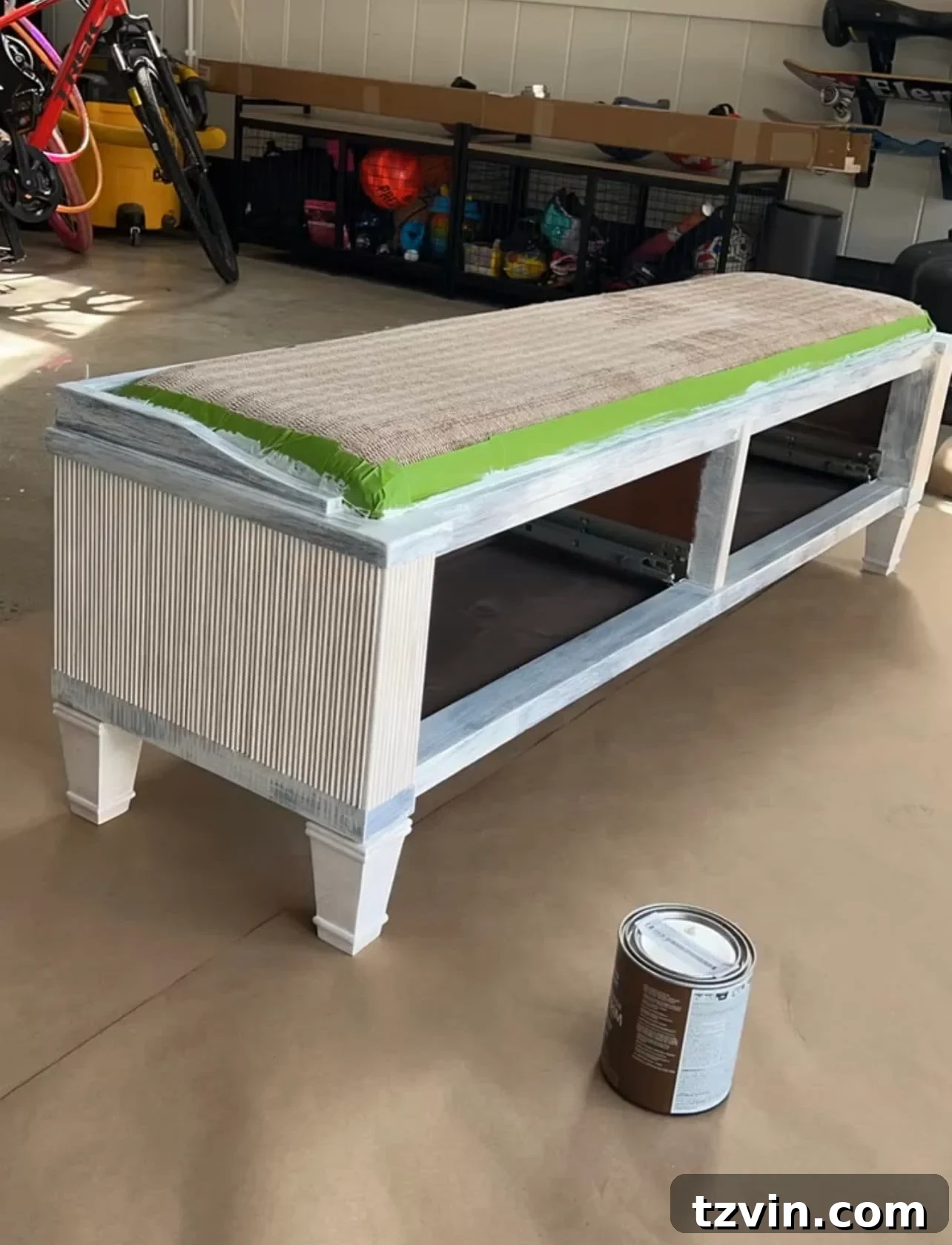 Reeded Elegance: A Shoe Storage Bench Makeover 15 Primed reeded bench, showing the uniform base coat ready for final painting