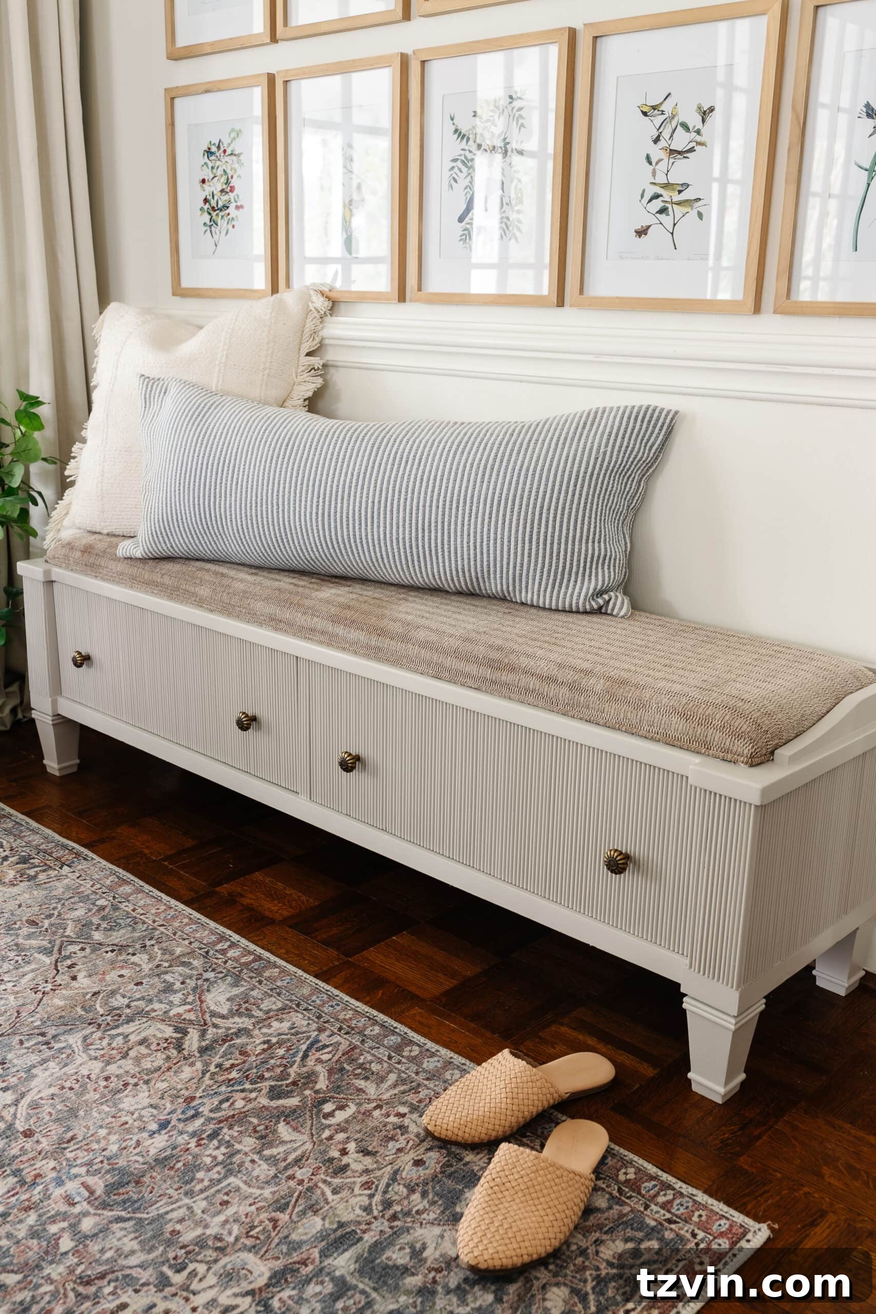 Reeded Elegance: A Shoe Storage Bench Makeover 18 Close-up of the reeded storage bench, painted in a sophisticated taupe, highlighting the textured detail of the applied molding