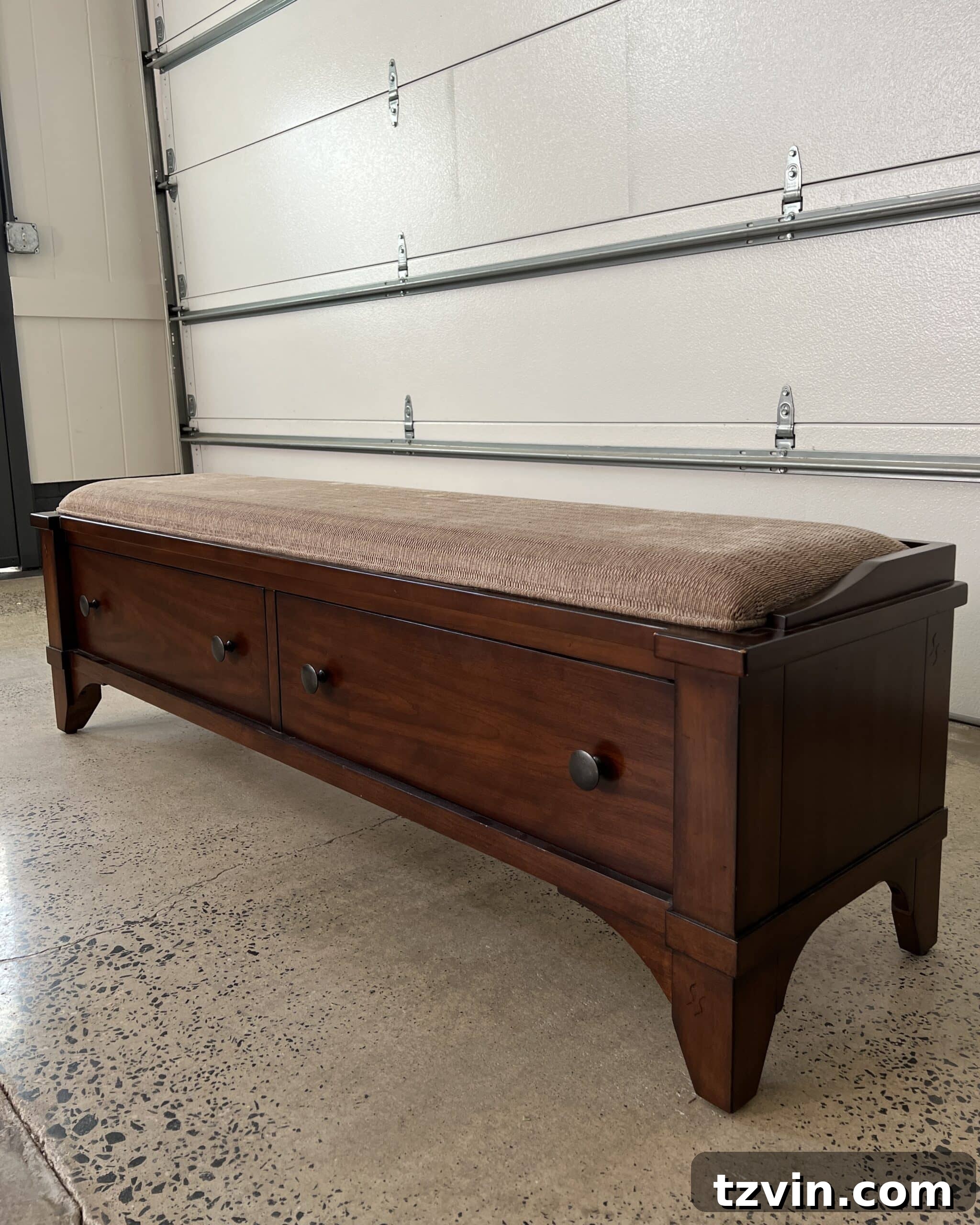 Reeded Elegance: A Shoe Storage Bench Makeover 3 Before shot of the entryway shoe storage bench, demonstrating its original, plain appearance before the decorative reeded makeover