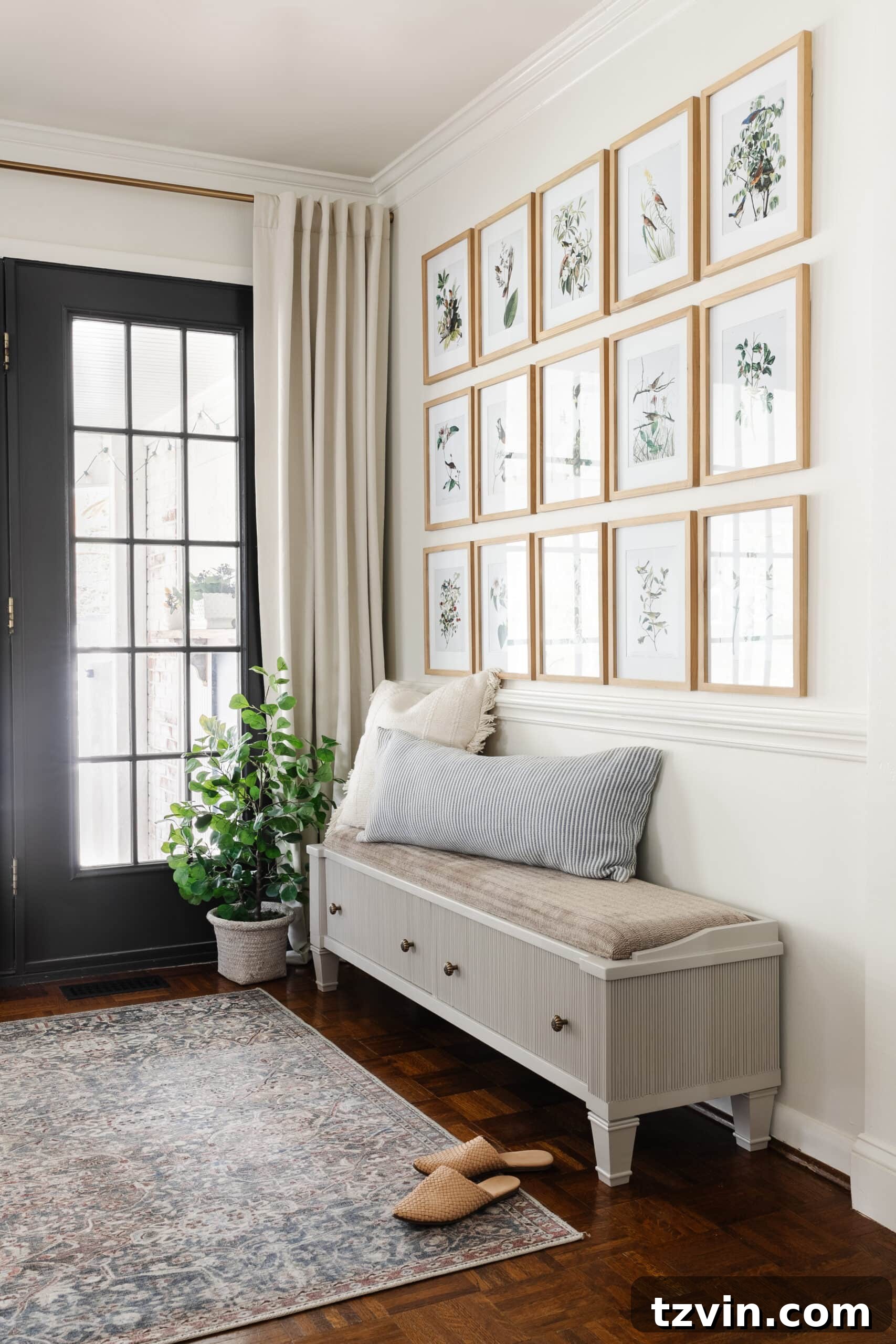 Reeded Elegance: A Shoe Storage Bench Makeover 20 The finished reeded bench beautifully integrated into an entryway, adorned with an Audubon bird art gallery wall and stylish decor