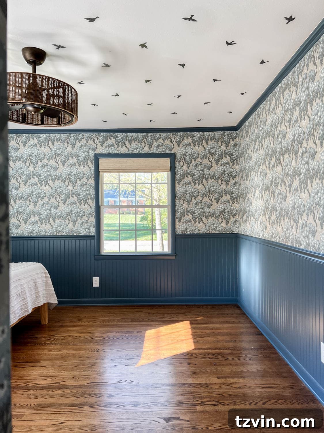 Craft Faux Block Print Ceilings Using Vinyl Decals 2 Whimsical bird wallpaper on a ceiling with vintage floral wallpaper and dark blue beadboard, creating a dramatic and unique room design.