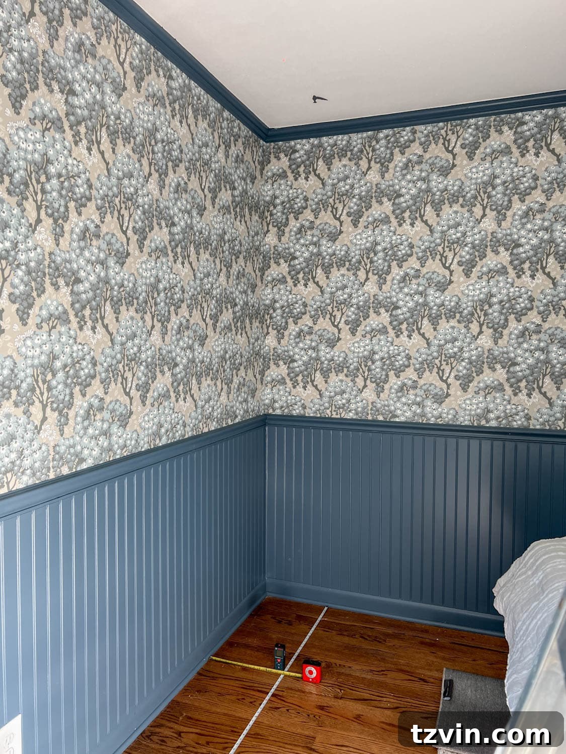 Craft Faux Block Print Ceilings Using Vinyl Decals 5 Measuring a block print grid on a ceiling to prepare for faux ceiling wallpaper application.