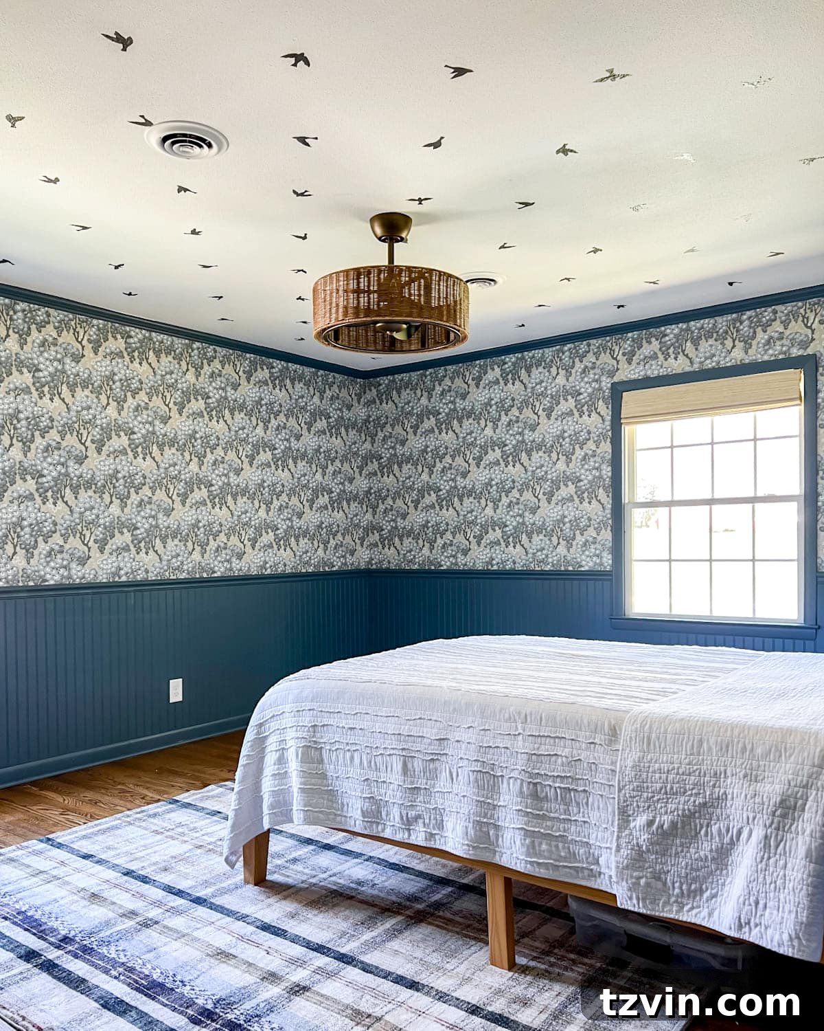 Craft Faux Block Print Ceilings Using Vinyl Decals 9 Completed DIY bird wallpaper ceiling in a bedroom using vinyl sticker decals, showcasing the charming and unique design.