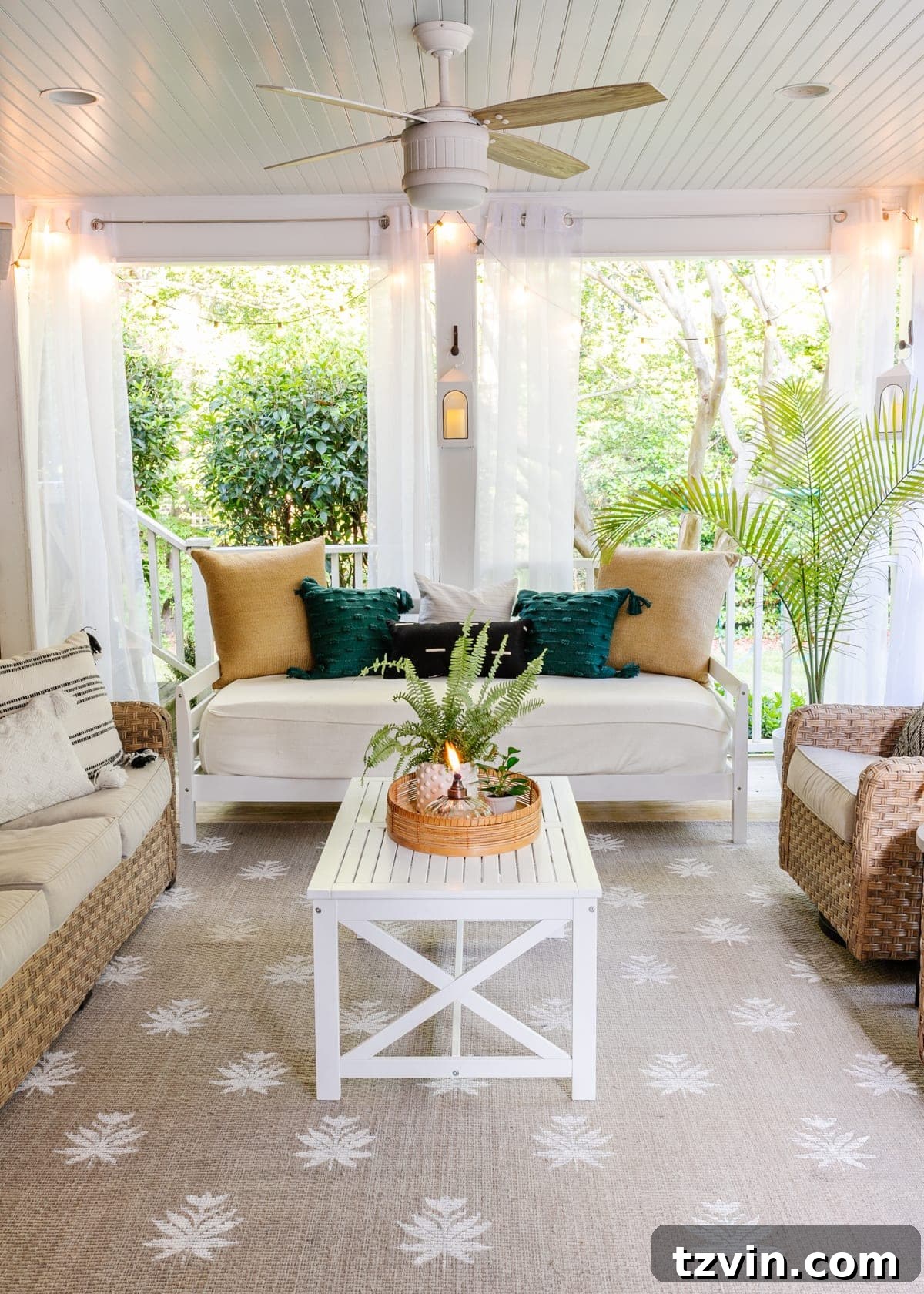 DIY floral block rug outside on a back porch