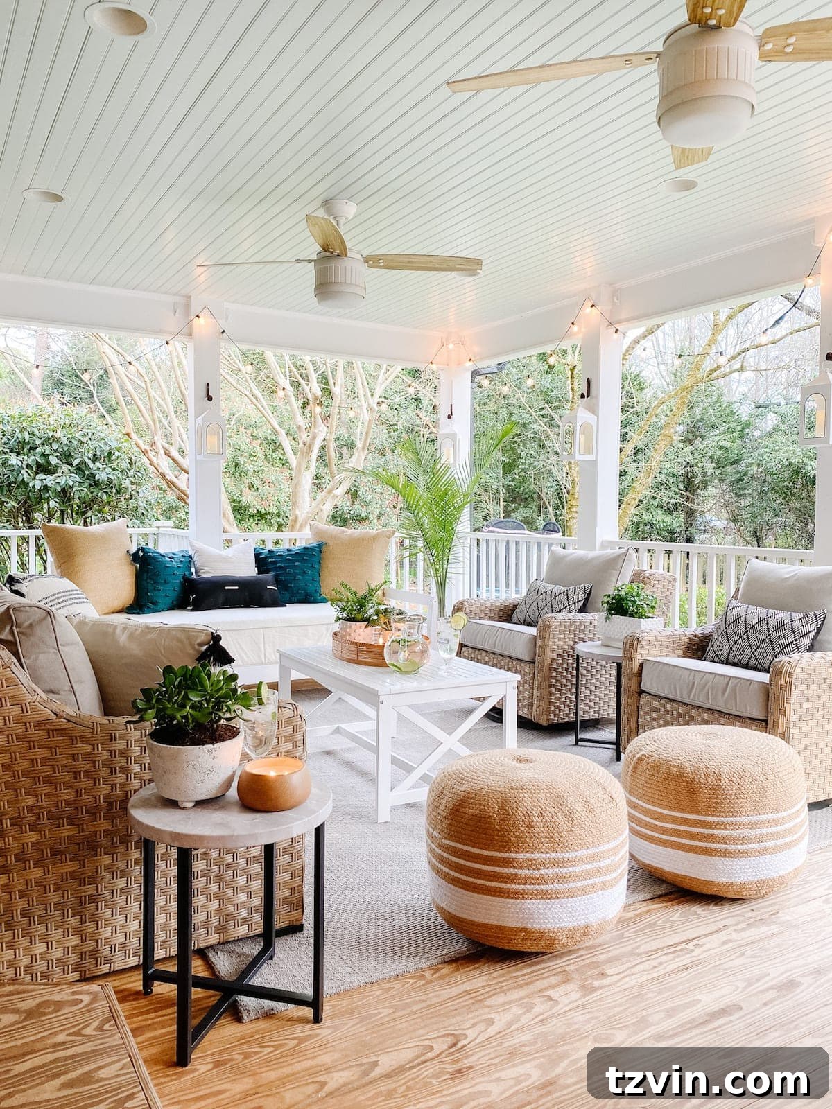 back porch decor with string lights haint blue porch ceiling and conversation set