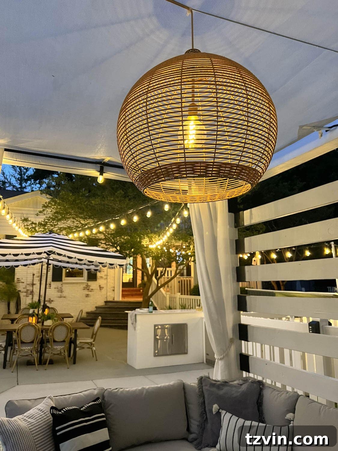 solar pendant light in outdoor dining area