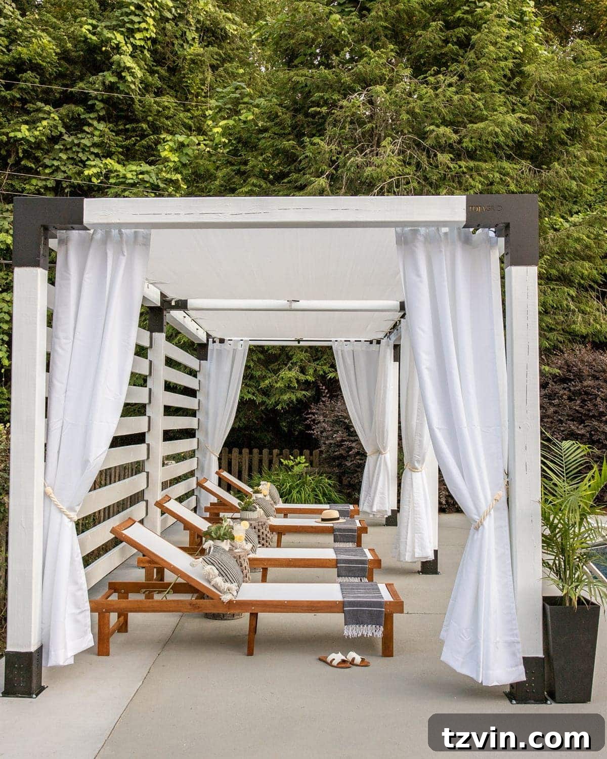 pergola with white outdoor curtains