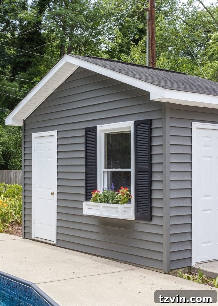 painted vinyl siding on a backyard shed