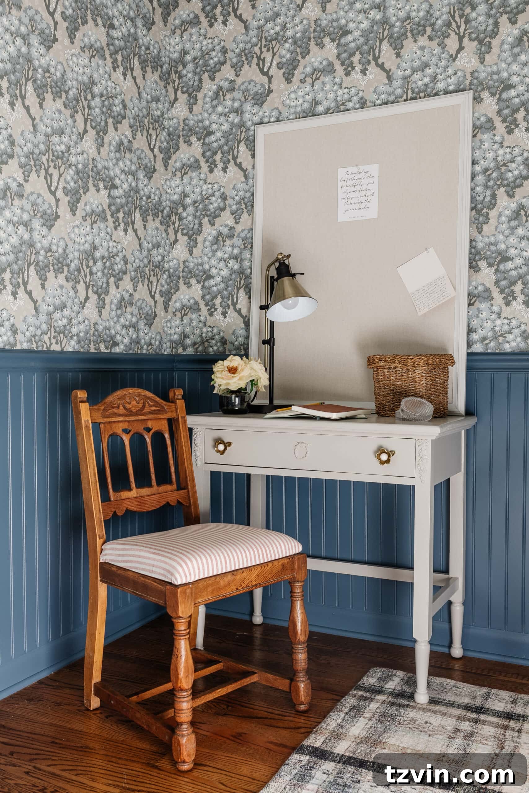 Desk Chair Revival: No-Strip Wood Refinishing 13 Full view of the vintage cottage bedroom desk and vanity area with the Swedish-style wood chair, showcasing the complete makeover.