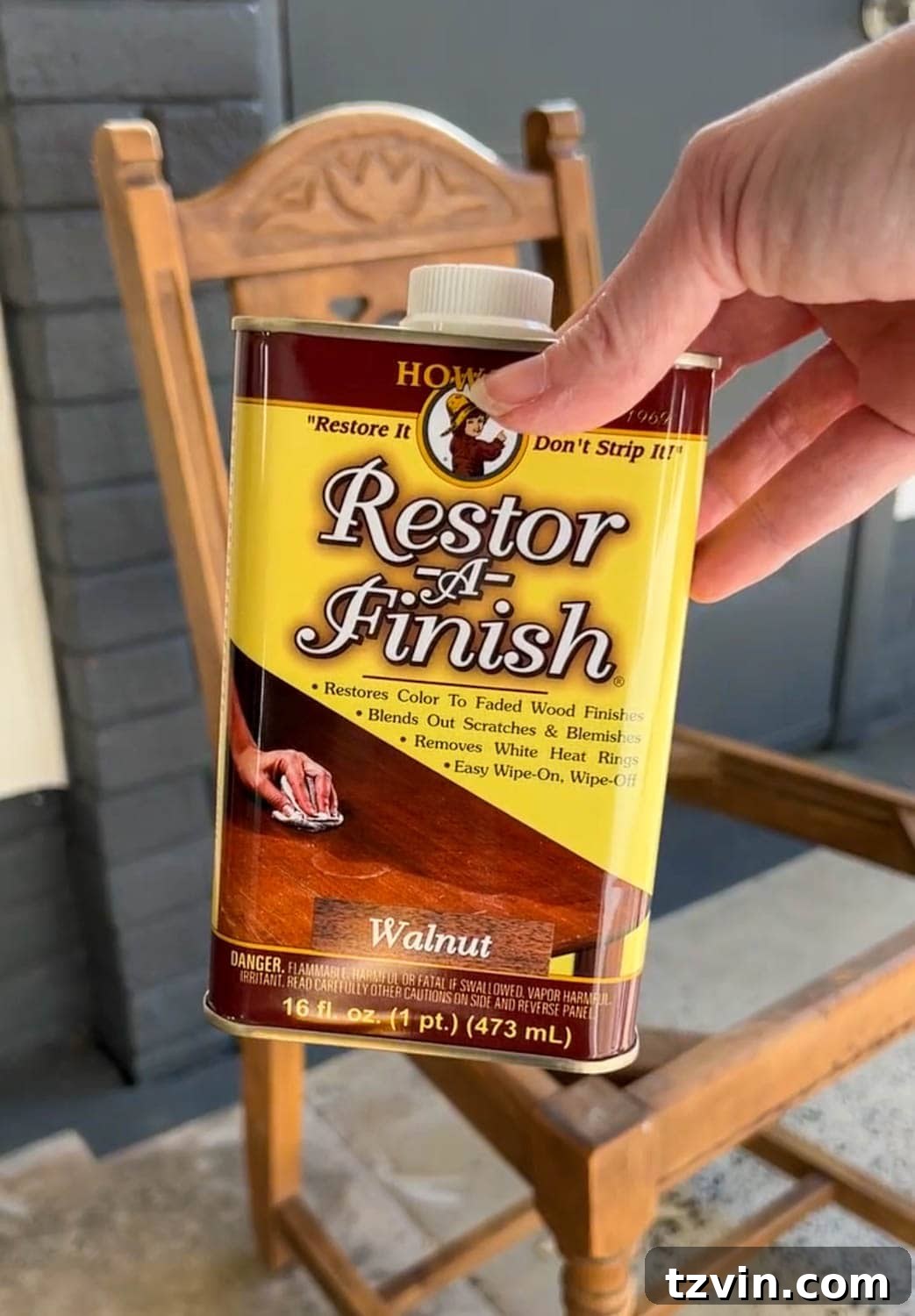 Desk Chair Revival: No-Strip Wood Refinishing 6 Applying Restor-A-Finish to wood furniture, illustrating the easy application process.