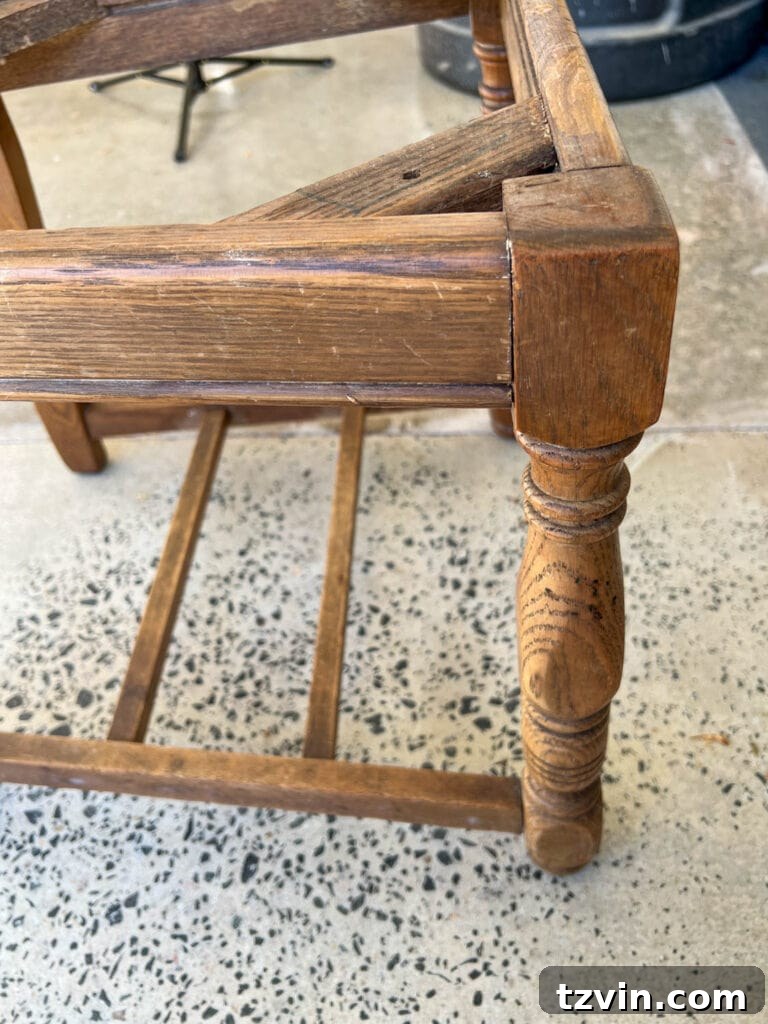 Desk Chair Revival: No-Strip Wood Refinishing 8 Before applying Restor-A-Finish, showing the dry, faded wood of the chair.