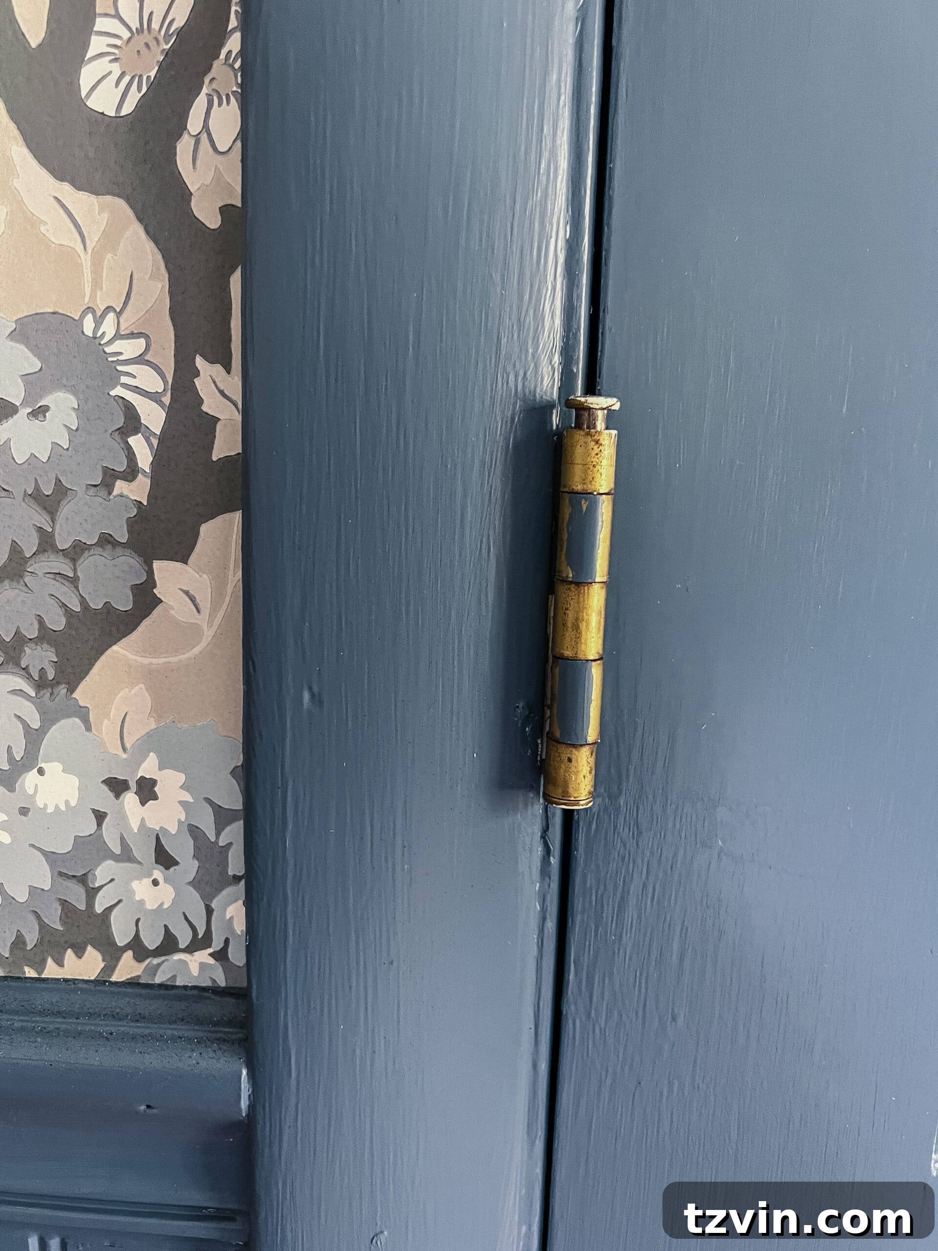 Close-up of old door hinge showing paint splatters before Rub n Buff application