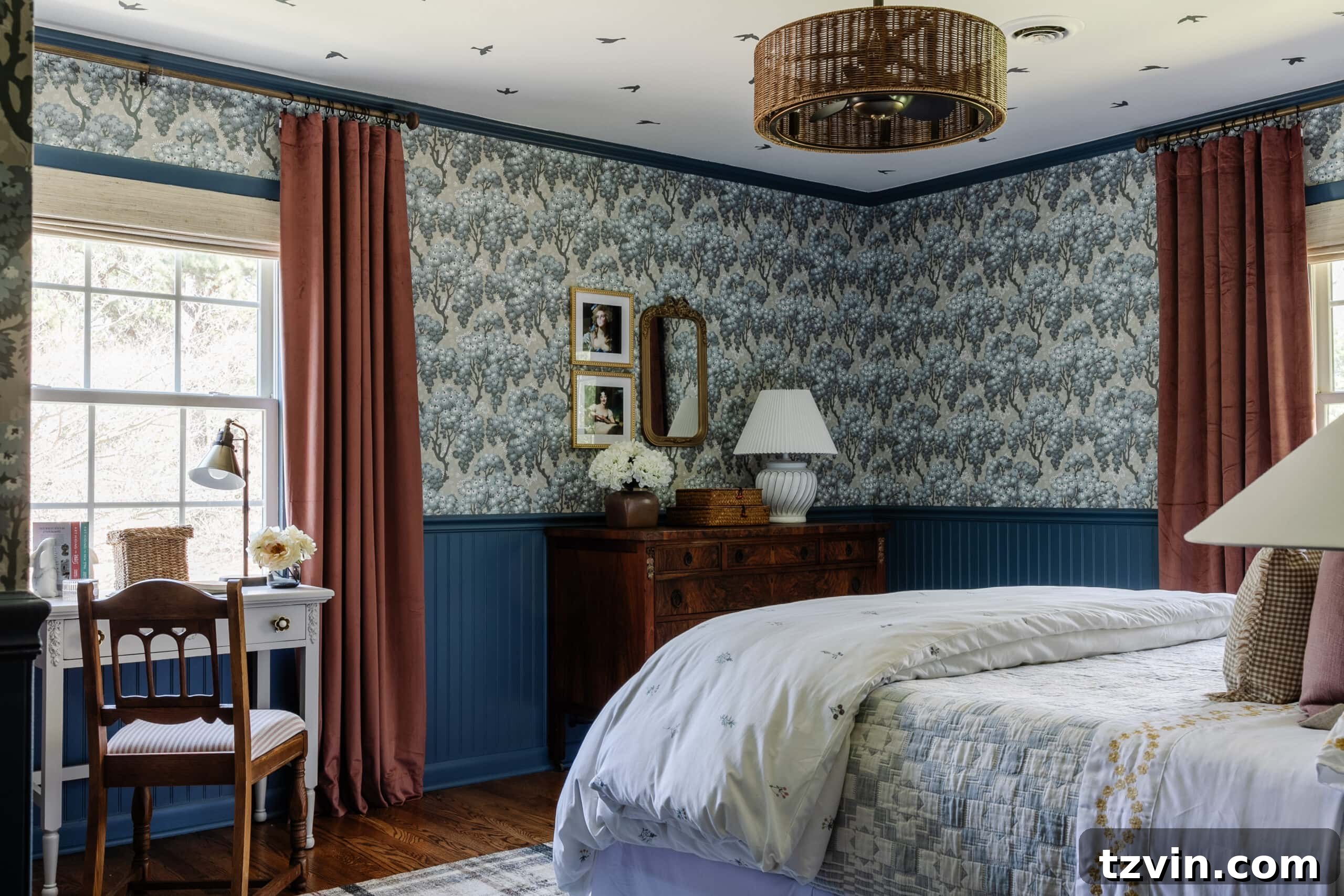 Blue and mauve Swedish cottage bedroom