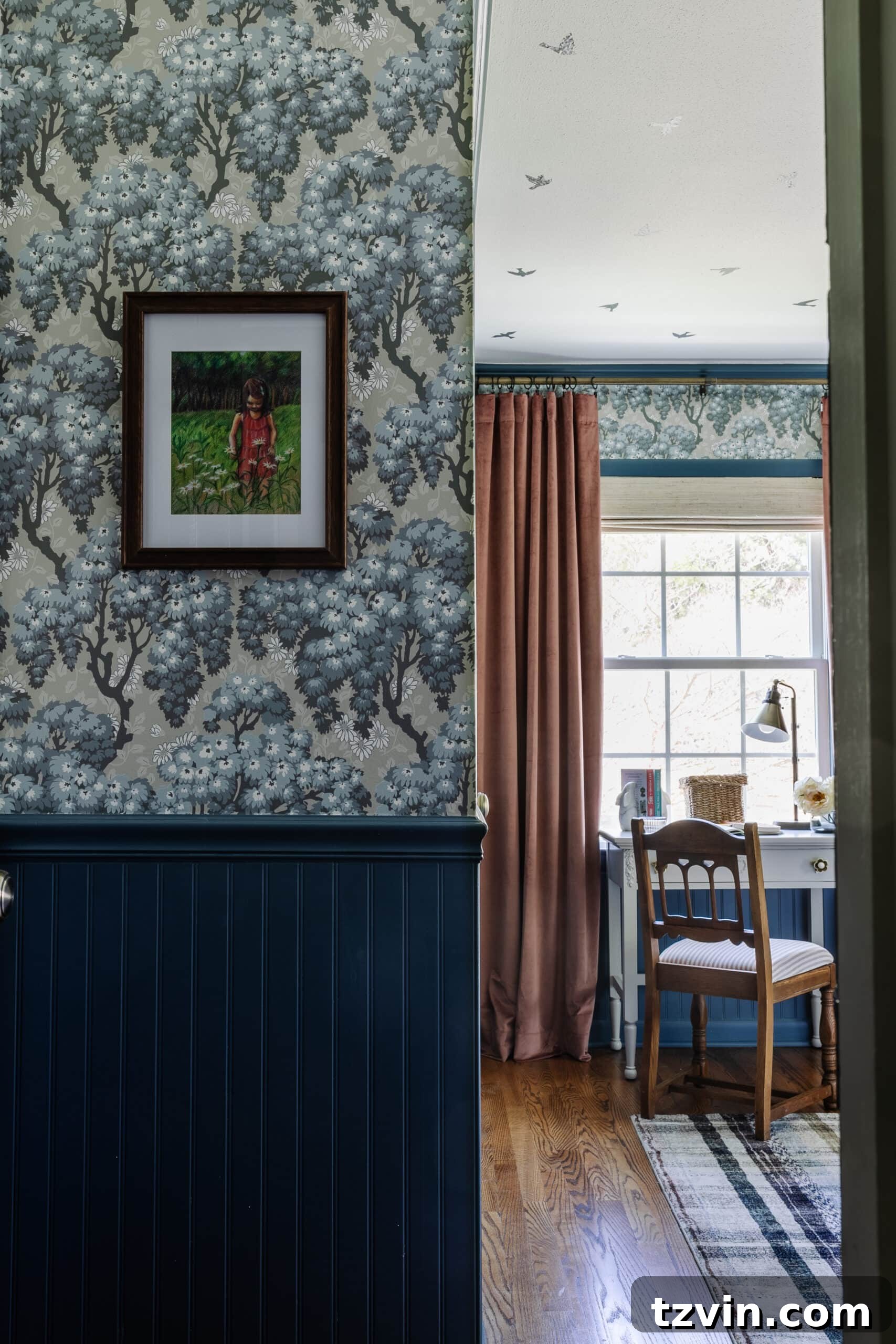 Custom art on Swedish cottage wallpaper with bedroom desk