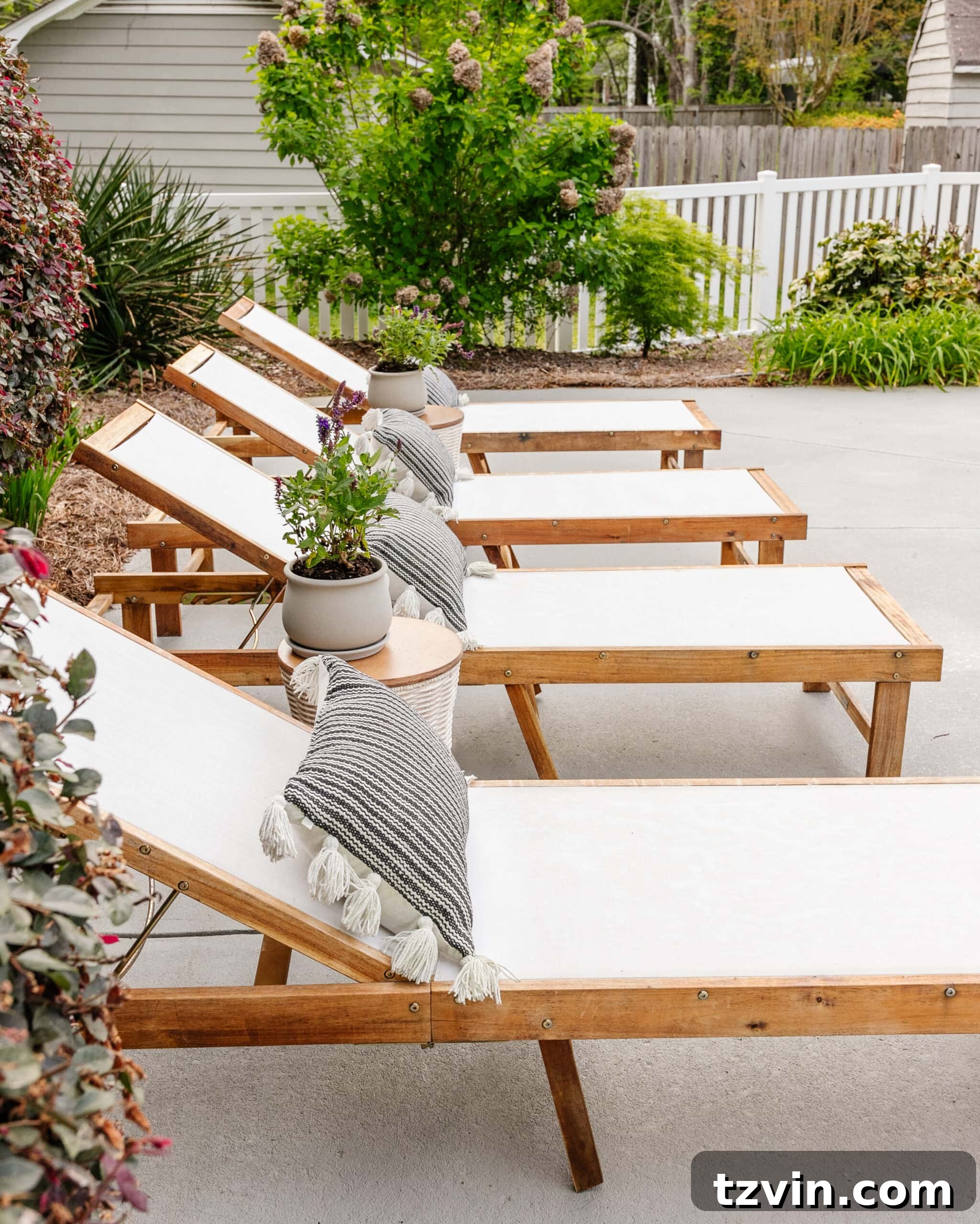 Spring Patio Refresh 19 pool sun lounger chairs after spring cleaning with a pressure washer and teak oil