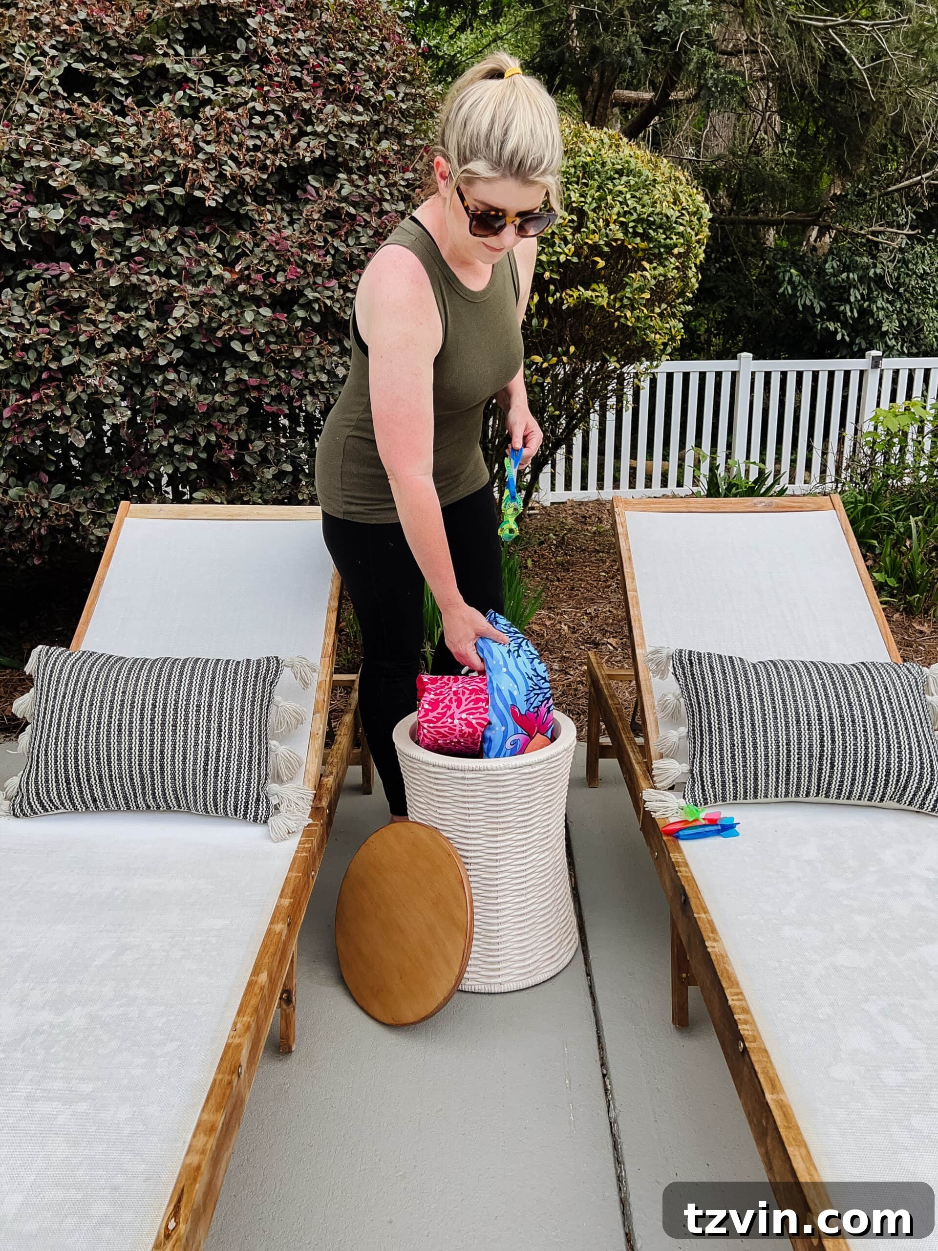 Spring Patio Refresh 24 using a garden stool as pool toy storage