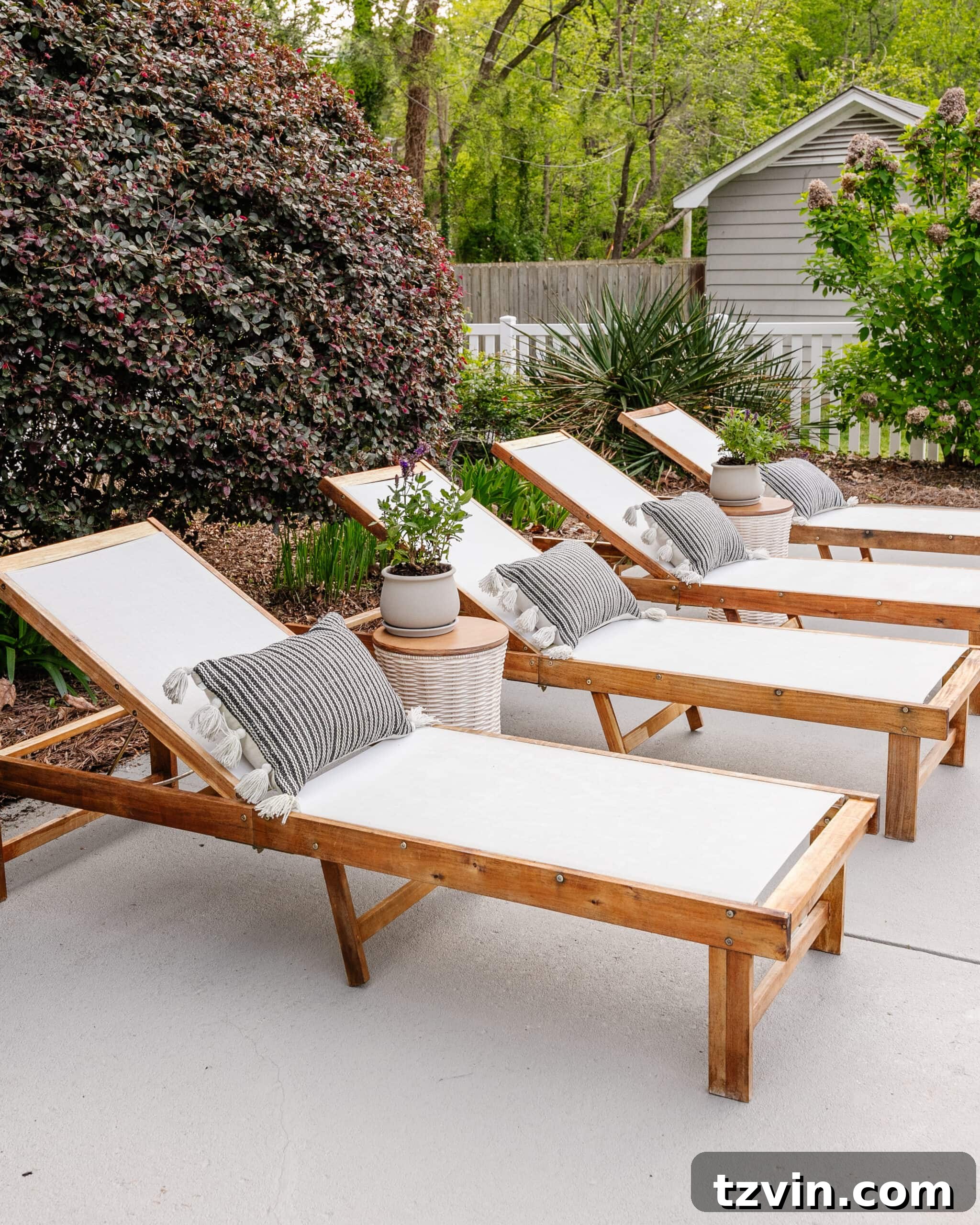 Spring Patio Refresh 25 pool sun lounger chairs after spring cleaning with a pressure washer and teak oil