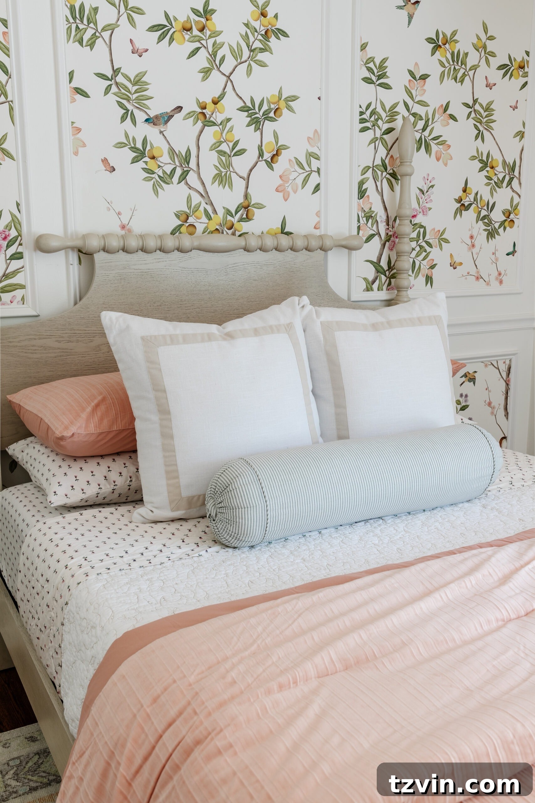 spindle vintage style wood bed pink bedding and cottagecore decor