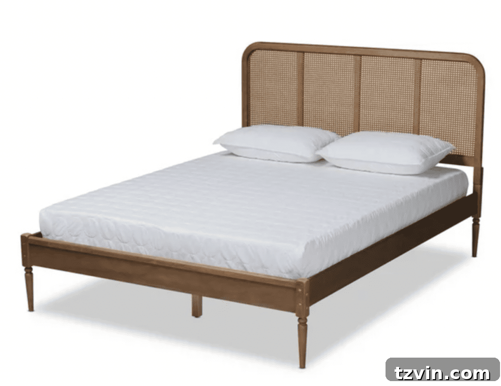 midcentury wood rattan platform bed