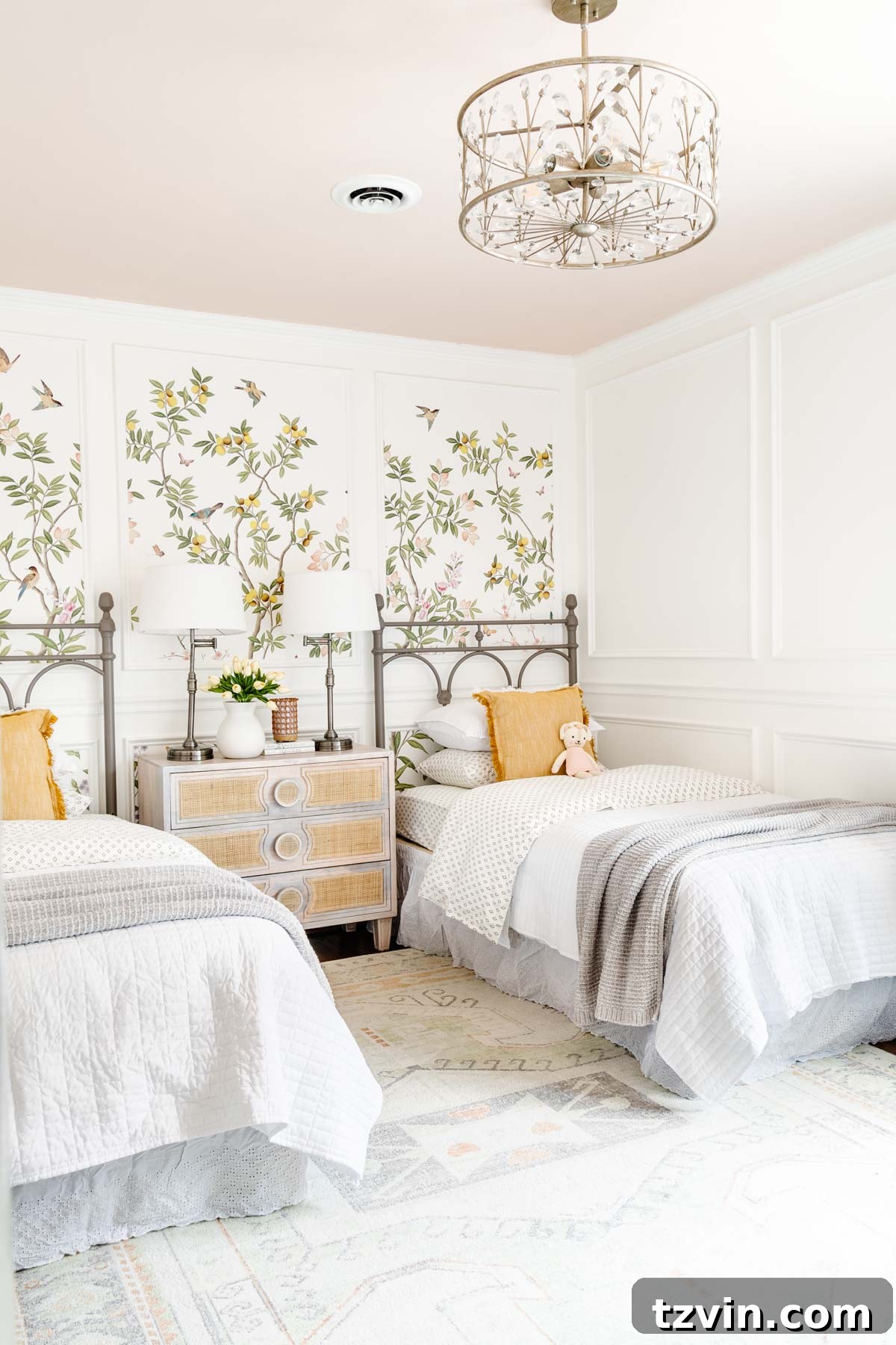Transforming Kids' Spaces: 24 Brilliant Storage & Decor Solutions 33 cottage toddler bedroom with chinoiserie wallpaper, picture frame molding, twin beds, and blush pink ceiling in Romabio Barefoot Dance