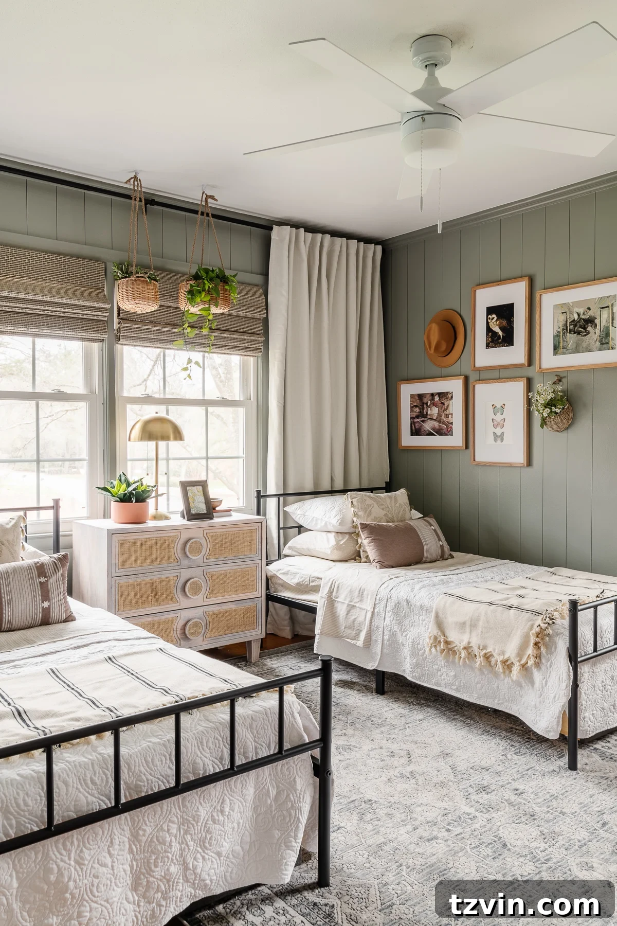Transforming Kids' Spaces: 24 Brilliant Storage & Decor Solutions 36 boho cottage teen girl shared bedroom with Sherwin Williams Evergreen Fog walls and twin beds