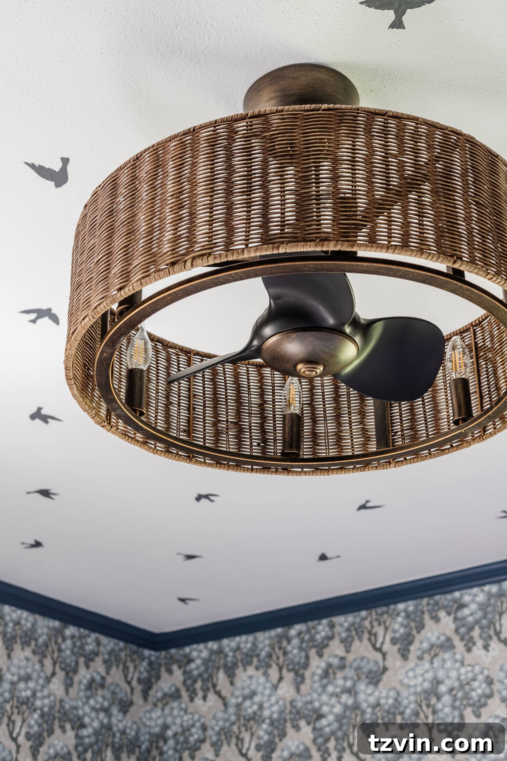 Transforming Kids' Spaces: 24 Brilliant Storage & Decor Solutions 9 wicker fandelier in a girls room with bird faux wallpaper on the ceiling