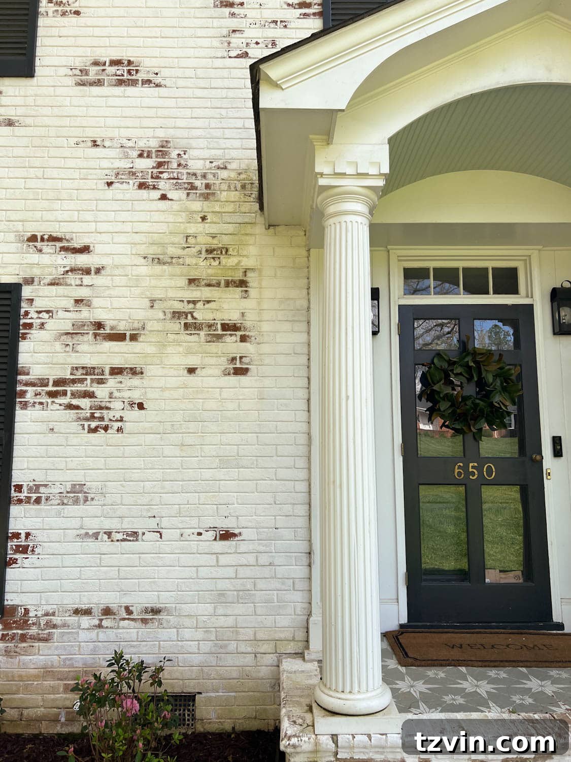 Mastering Limewashed Brick Cleaning and Upkeep 4 dirty limewashed brick before cleaning beside a porch stoop