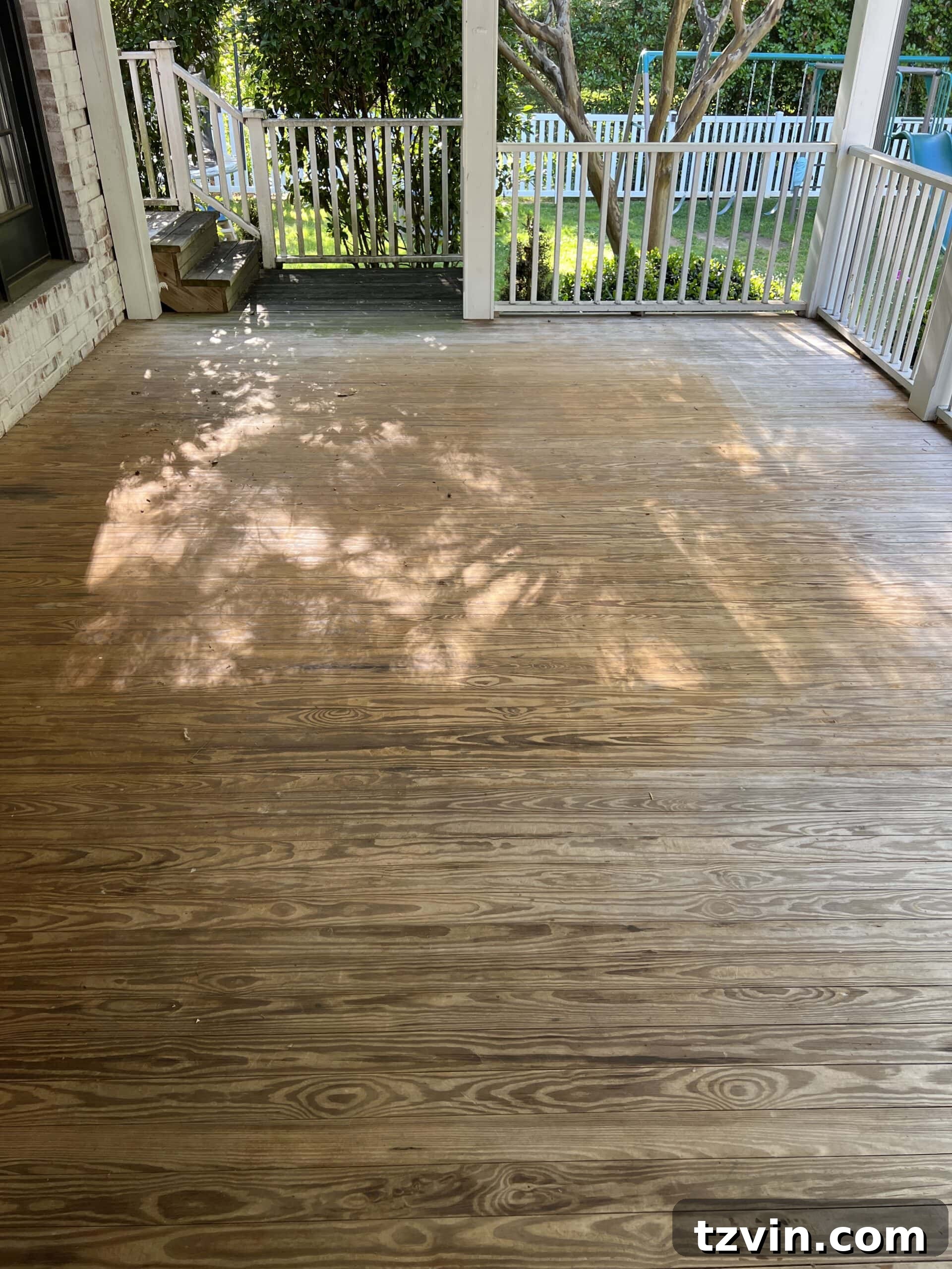 Finding Your Perfect Neutral Driftwood Deck Stain 3 worn wood porch floor before refinishing project